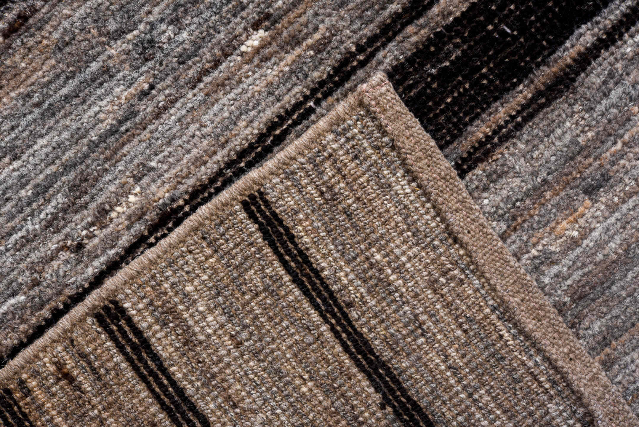 10' x 14' one-of-a-kind handmade vintage Tulu large size rug. Color palette: gray, charcoal, taupe, ivory, black, beige