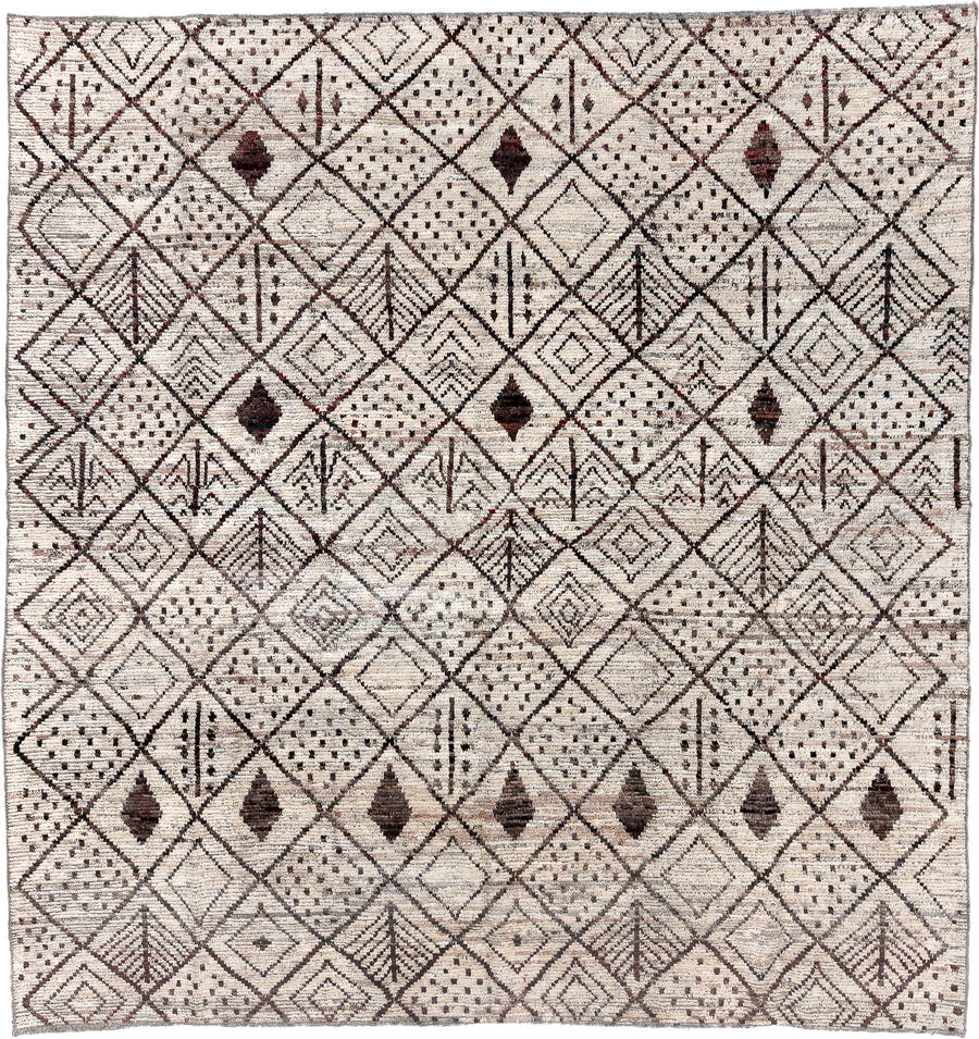 9' x 9' one-of-a-kind handmade vintage Tulu rug. Color palette: ivory, brown, taupe, charcoal, burgundy, beige, gray, black