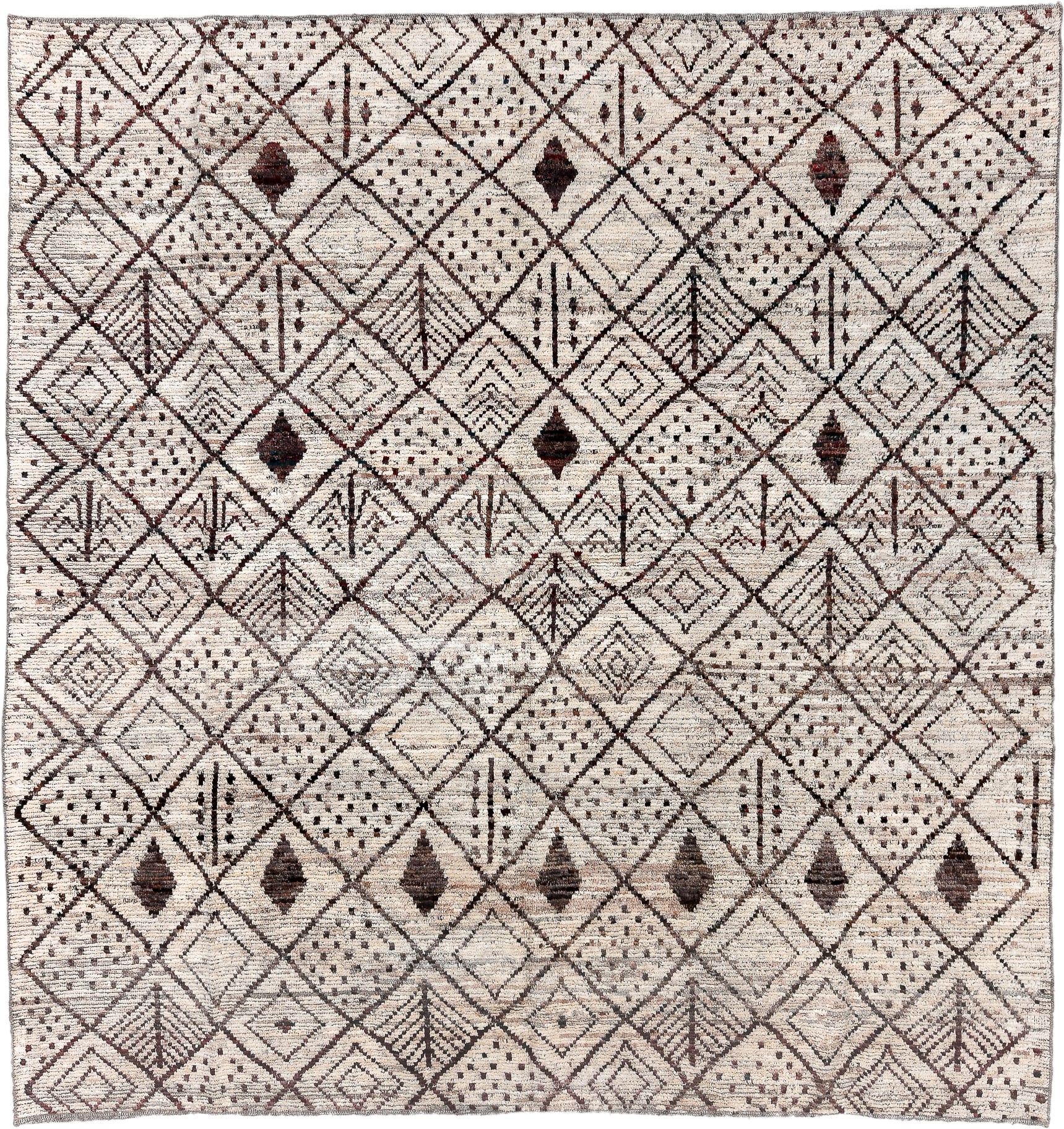 9' x 9' one-of-a-kind handmade vintage Tulu rug. Color palette: ivory, brown, taupe, charcoal, burgundy, beige, gray, black