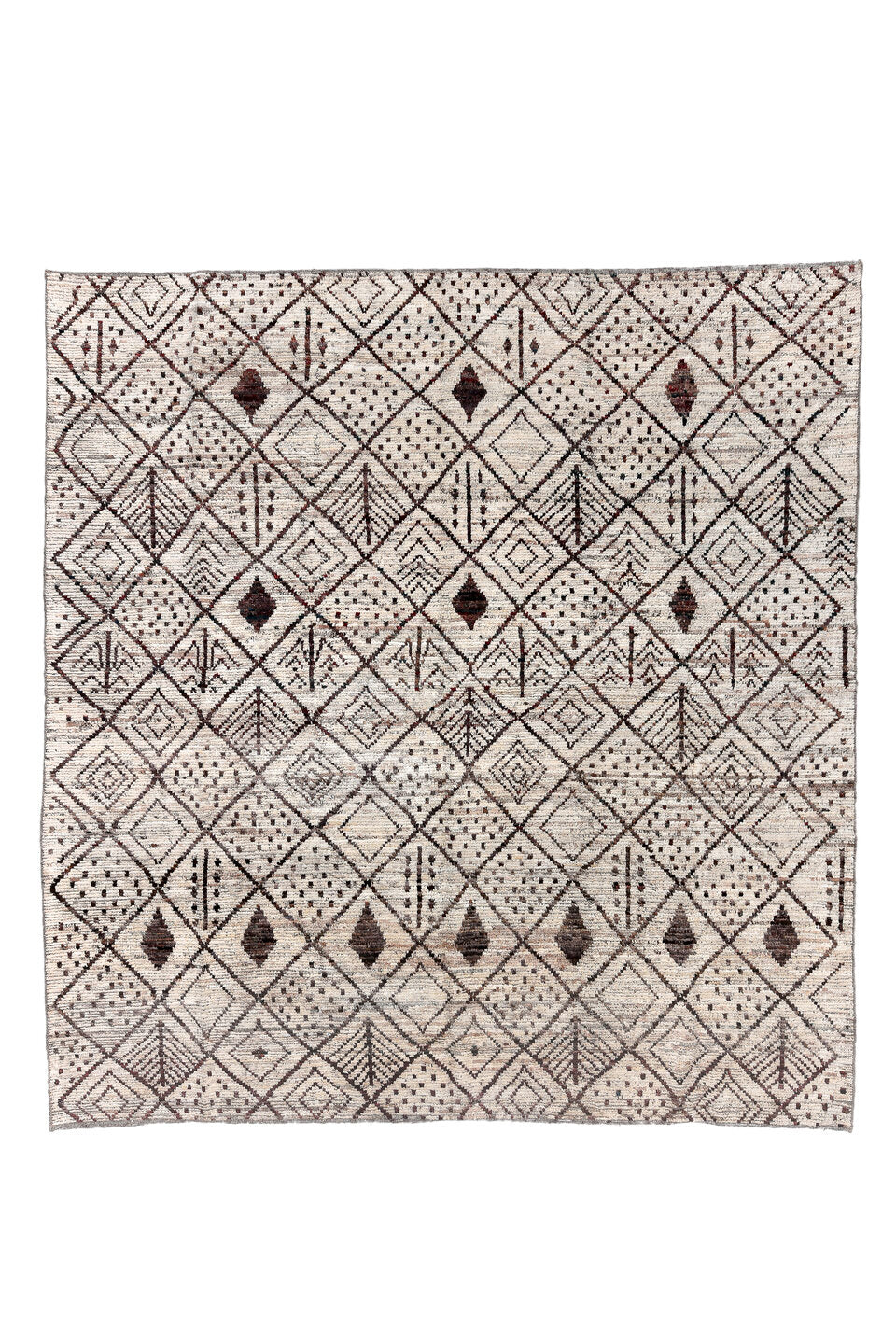 9' x 9' one-of-a-kind handmade vintage Tulu rug. Color palette: black, brown, dark gray, dim gray, gray, light gray, linen