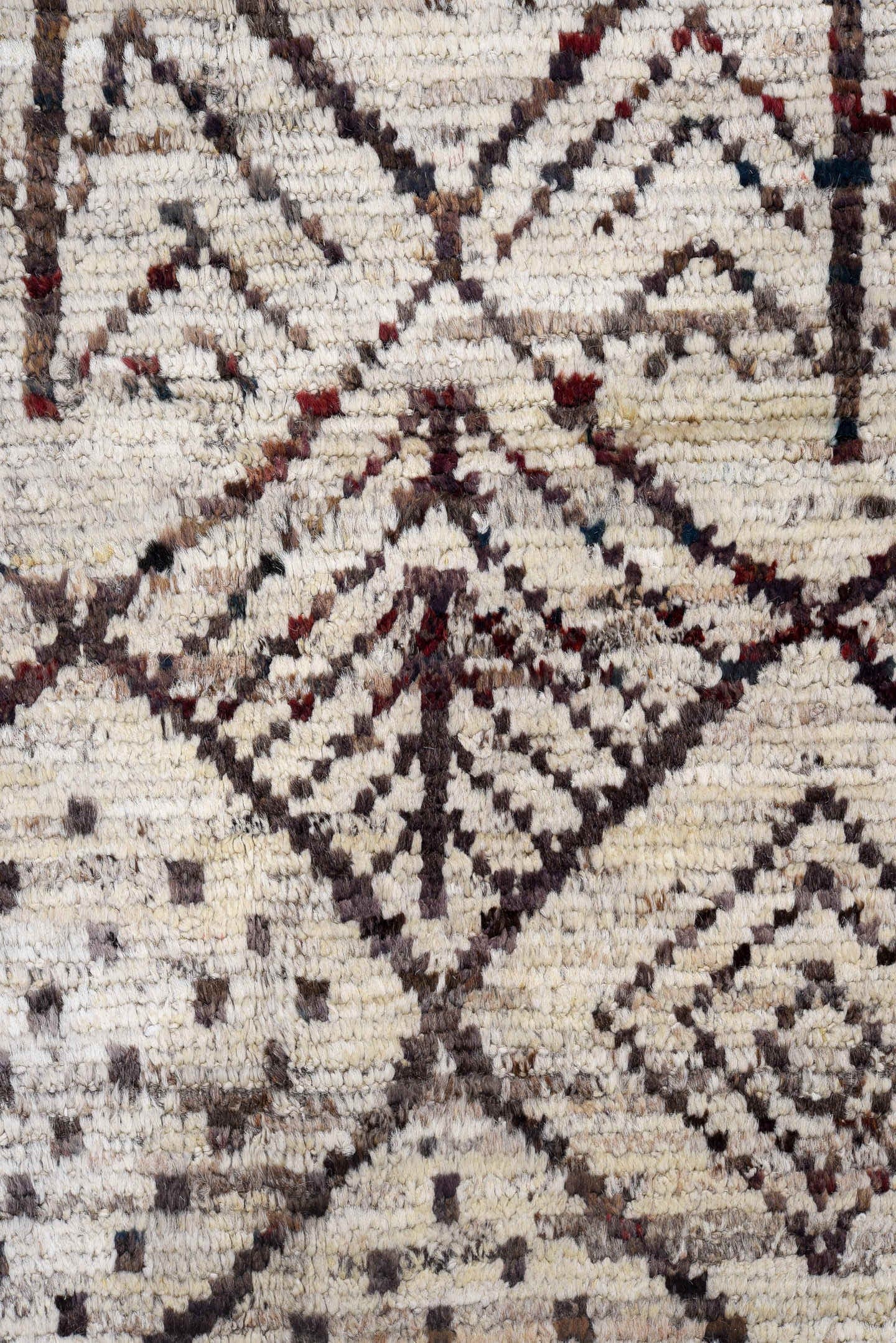 9' x 9' one-of-a-kind handmade vintage Tulu rug. Color palette: ivory, brown, taupe, charcoal, burgundy, beige, gray, black