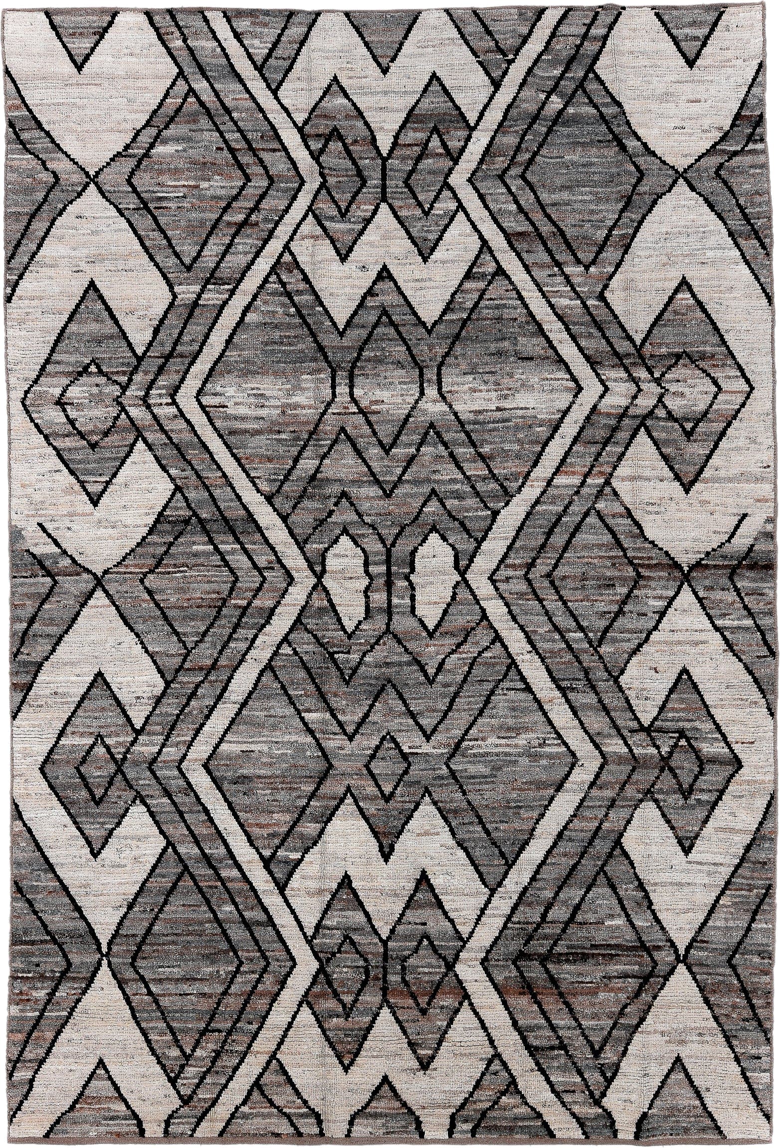 7' x 10' one-of-a-kind handmade vintage Tulu large size rug. Color palette: ivory, gray, charcoal, taupe, black, rose, beige