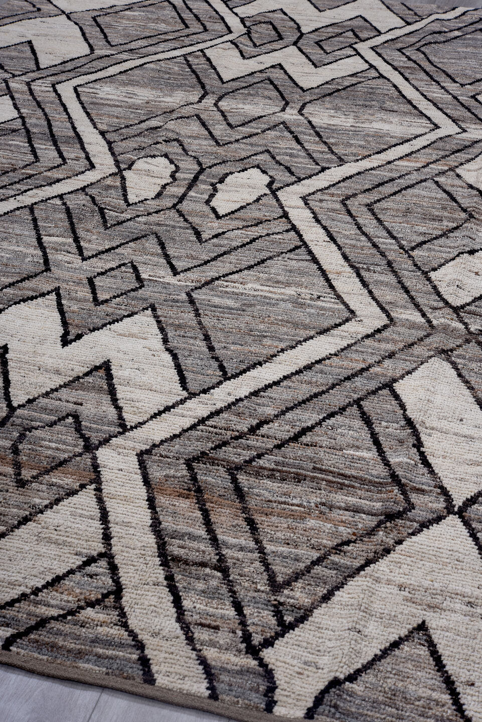 7' x 10' one-of-a-kind handmade vintage Tulu large size rug. Color palette: ivory, gray, charcoal, taupe, black, rose, beige