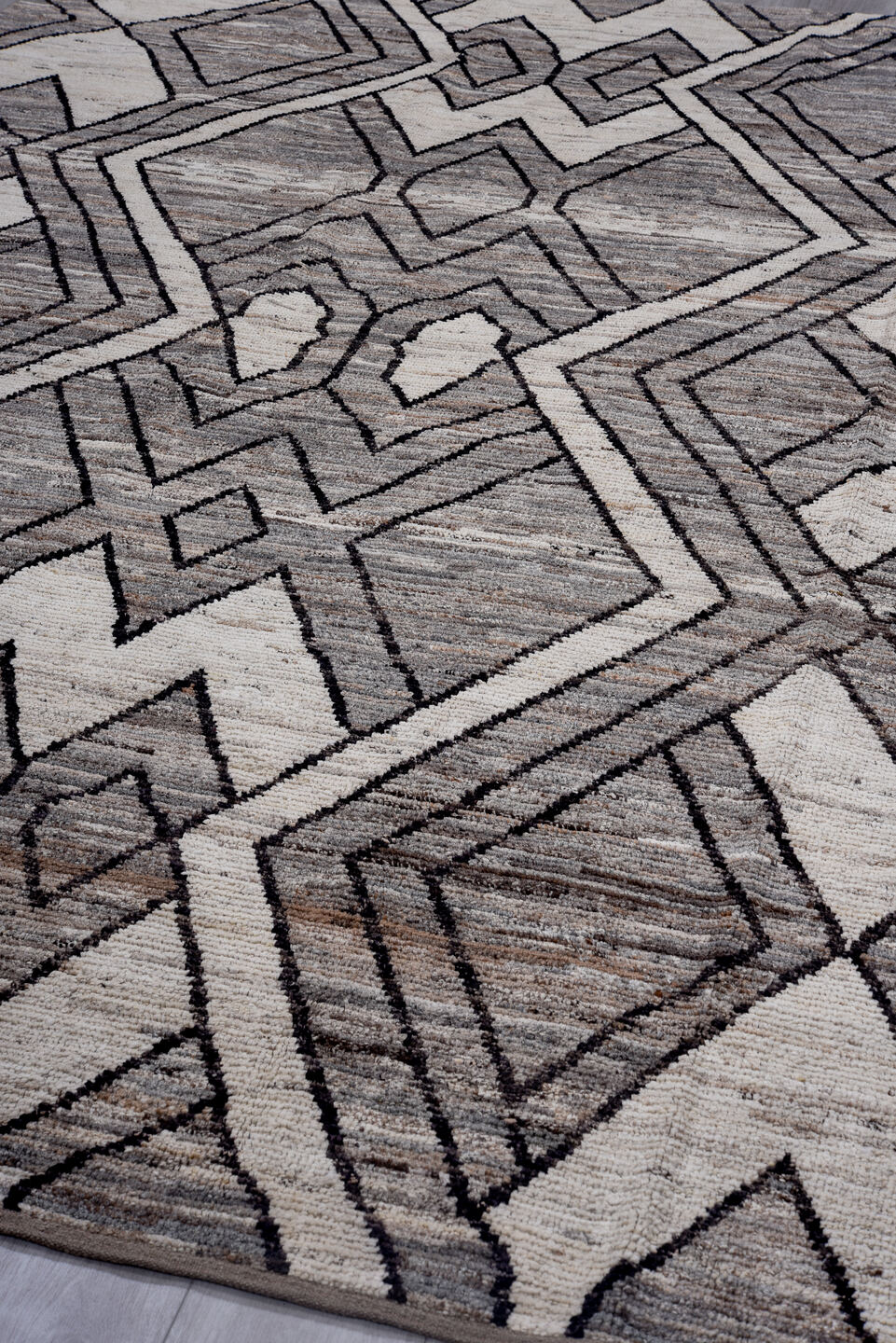 7' x 10' one-of-a-kind handmade vintage Tulu large size rug. Color palette: ivory, gray, charcoal, taupe, black, rose, beige