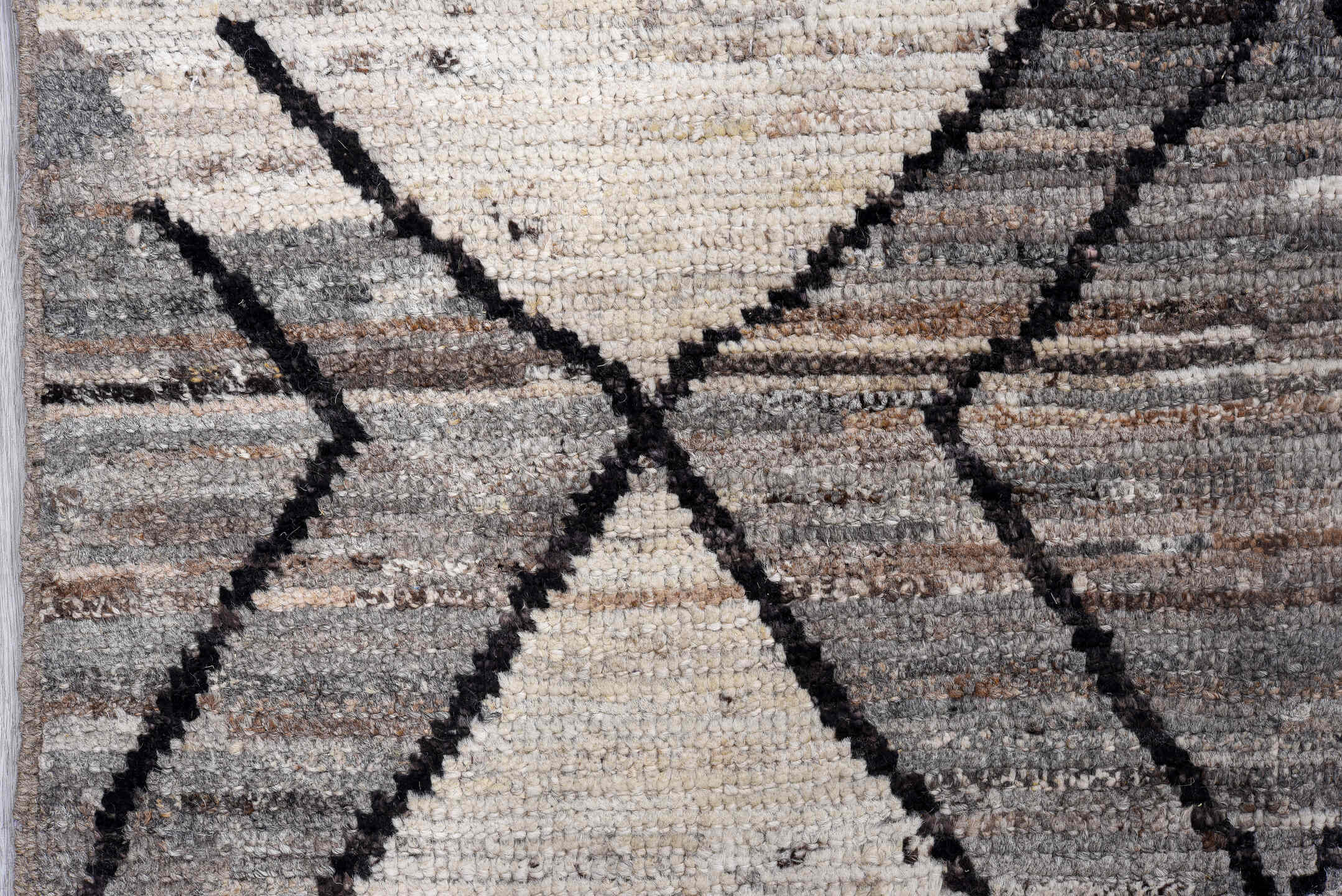 7' x 10' one-of-a-kind handmade vintage Tulu large size rug. Color palette: ivory, gray, charcoal, taupe, black, rose, beige