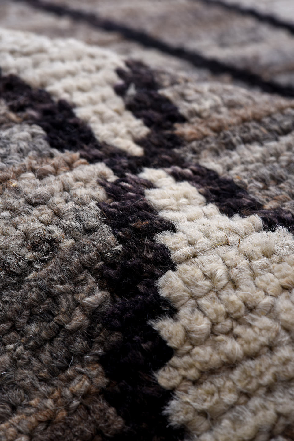 7' x 10' one-of-a-kind handmade vintage Tulu large size rug. Color palette: ivory, gray, charcoal, taupe, black, rose, beige