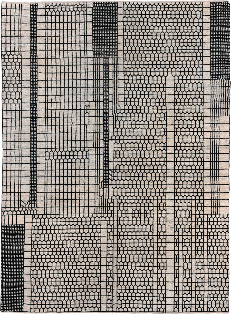 9' x 12' one-of-a-kind handmade vintage Tulu large size rug. Color palette: ivory, black