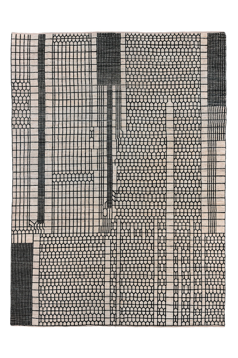 9' x 12' one-of-a-kind handmade vintage Tulu large size rug. Color palette: black, brown, charcoal, gainsboro, gray