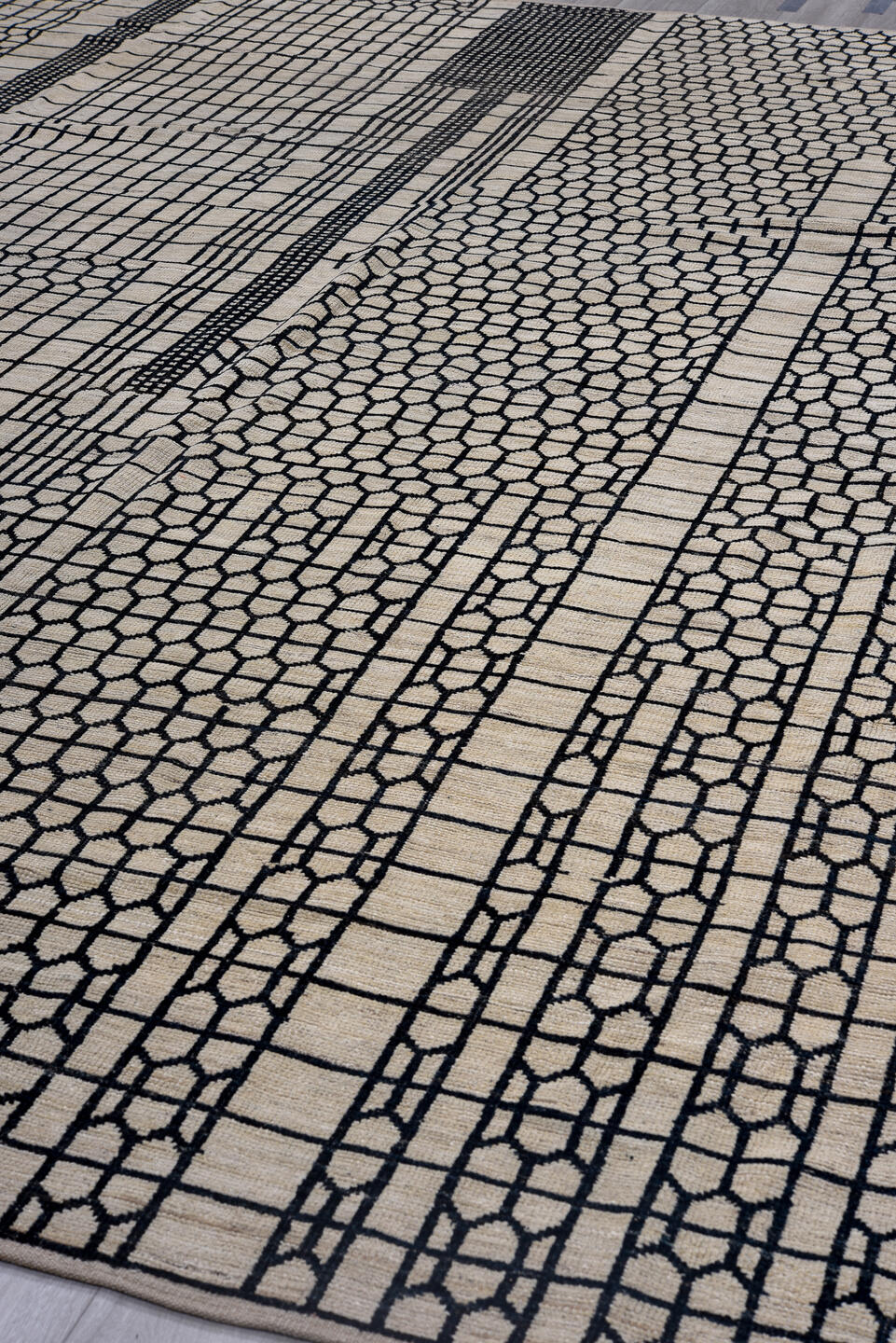 9' x 12' one-of-a-kind handmade vintage Tulu large size rug. Color palette: ivory, black