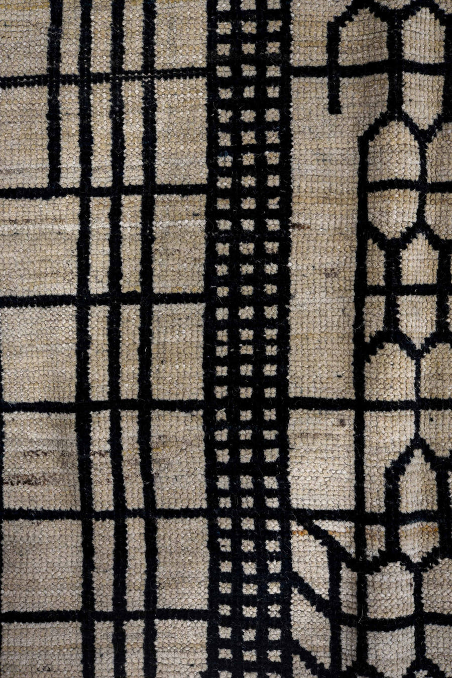 9' x 12' one-of-a-kind handmade vintage Tulu large size rug. Color palette: ivory, black