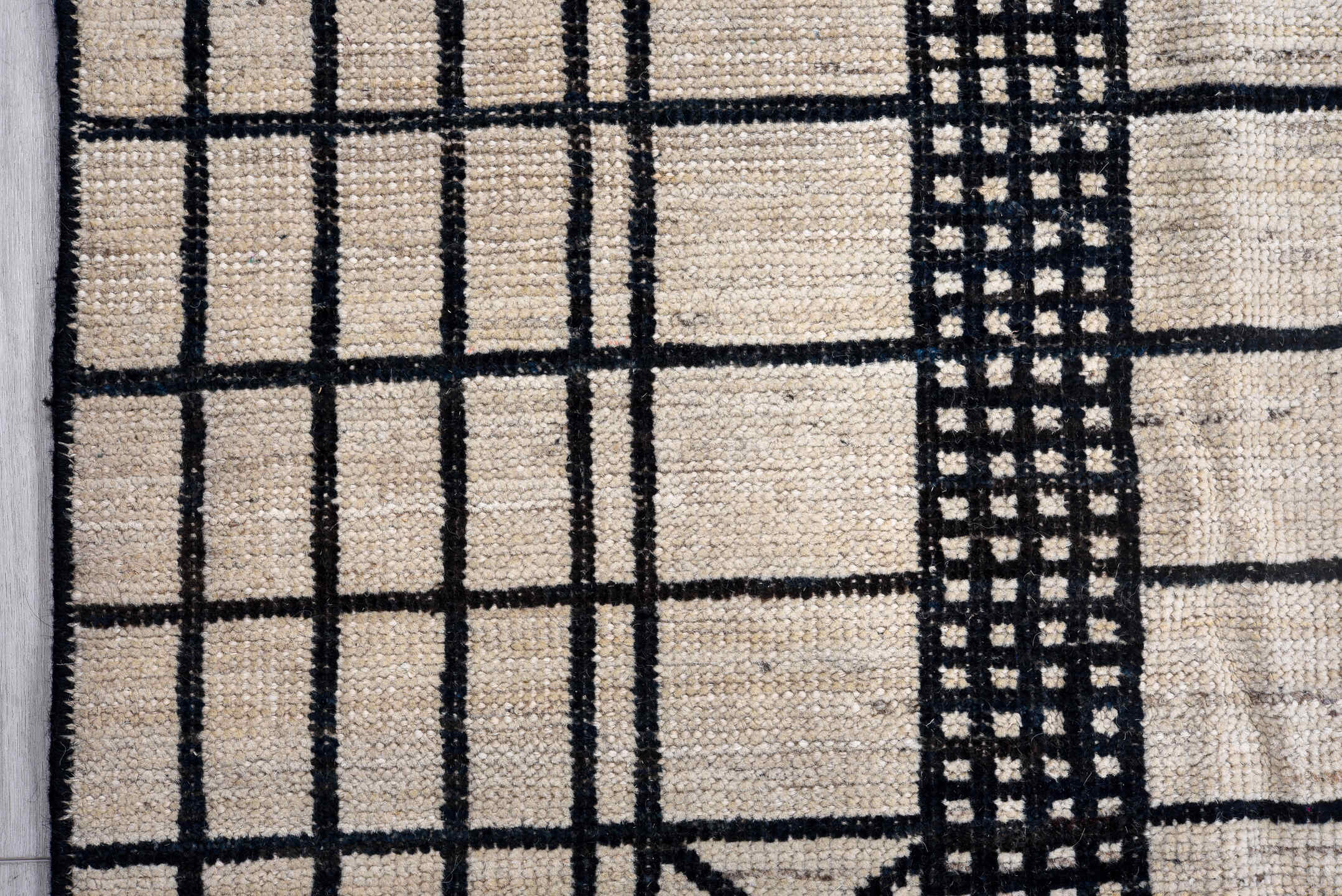 9' x 12' one-of-a-kind handmade vintage Tulu large size rug. Color palette: ivory, black