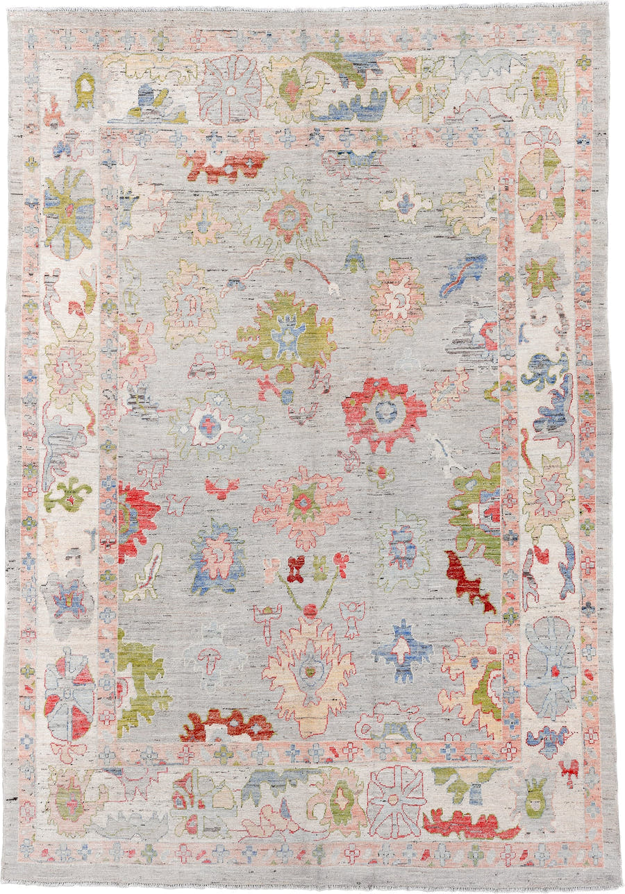 9' x 13' one-of-a-kind handmade vintage Oushak large size rug. Color palette: light gray, ivory, blush, sage, powder blue