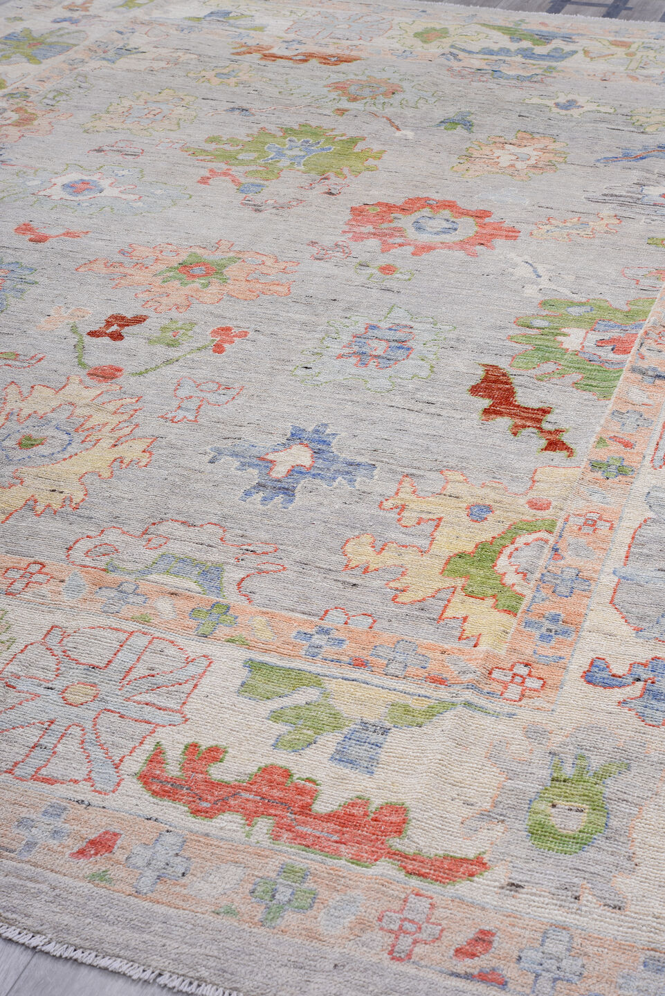 9' x 13' one-of-a-kind handmade vintage Oushak large size rug. Color palette: light gray, ivory, blush, sage, powder blue