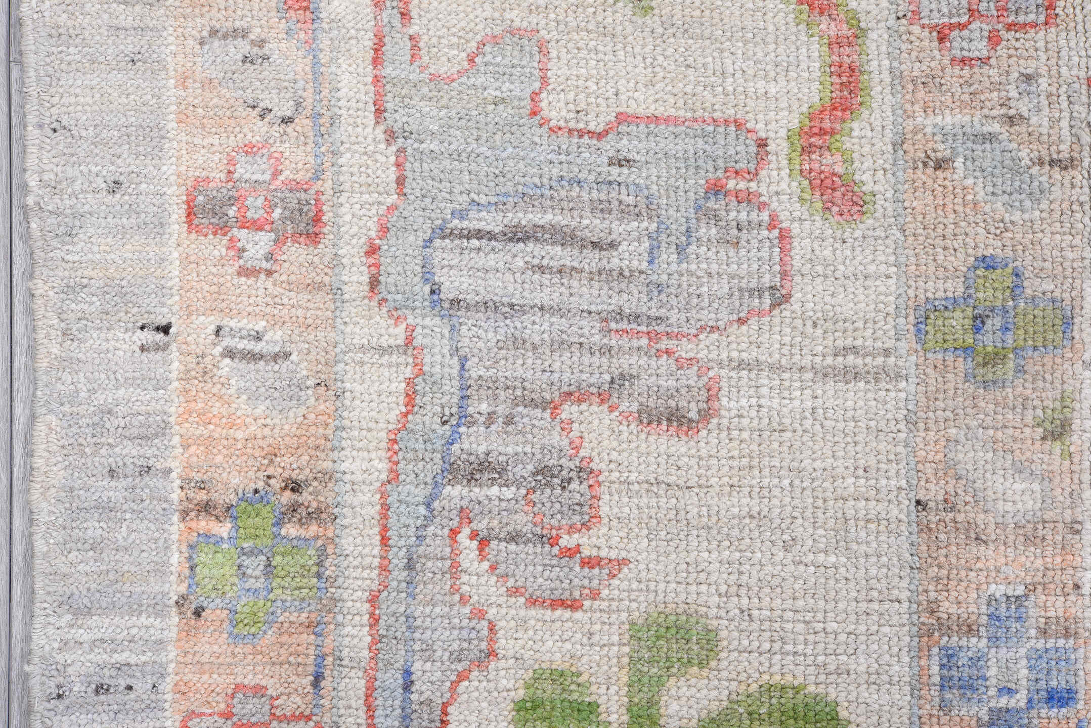 9' x 13' one-of-a-kind handmade vintage Oushak large size rug. Color palette: light gray, ivory, blush, sage, powder blue