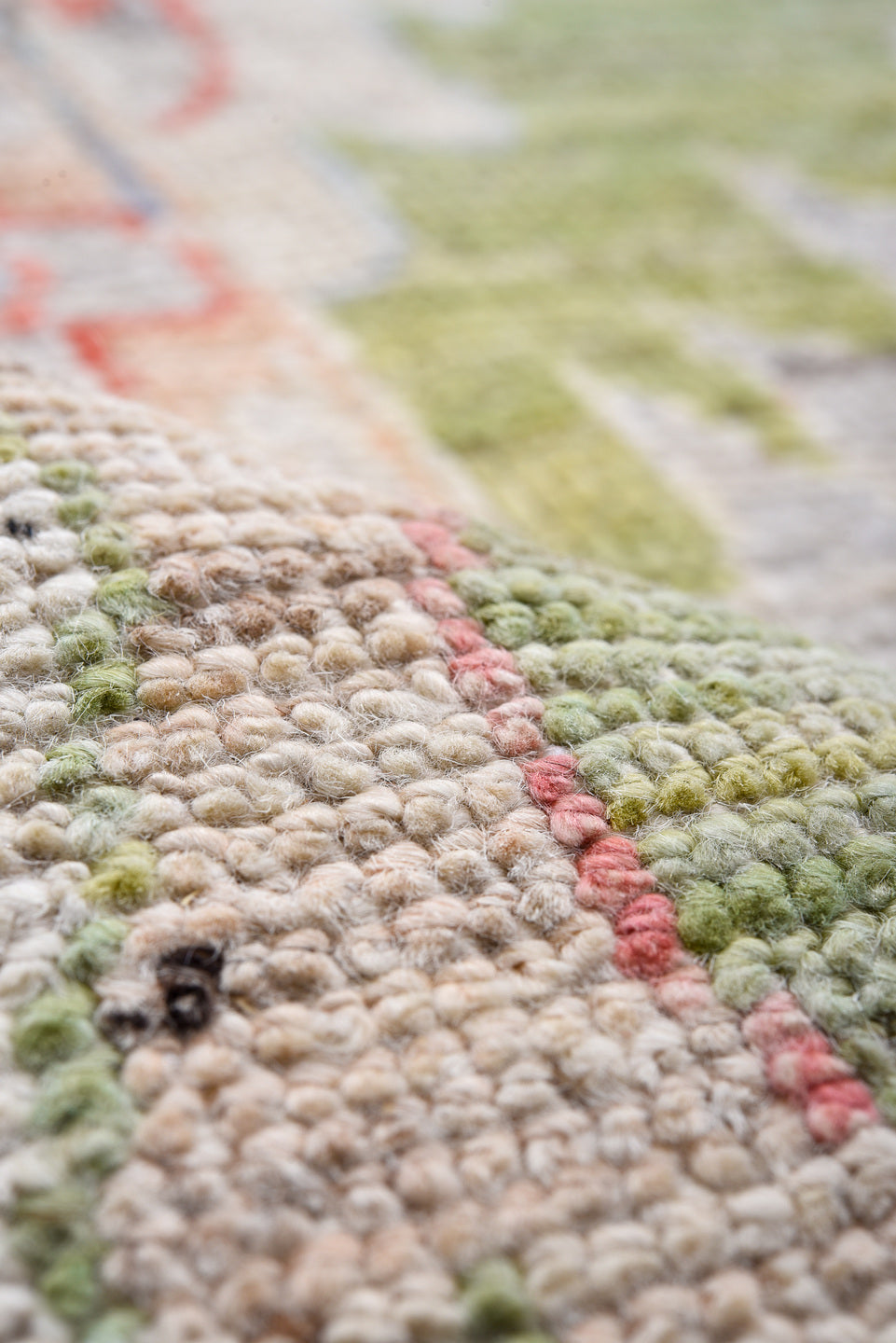 9' x 13' one-of-a-kind handmade vintage Oushak large size rug. Color palette: light gray, ivory, blush, sage, powder blue