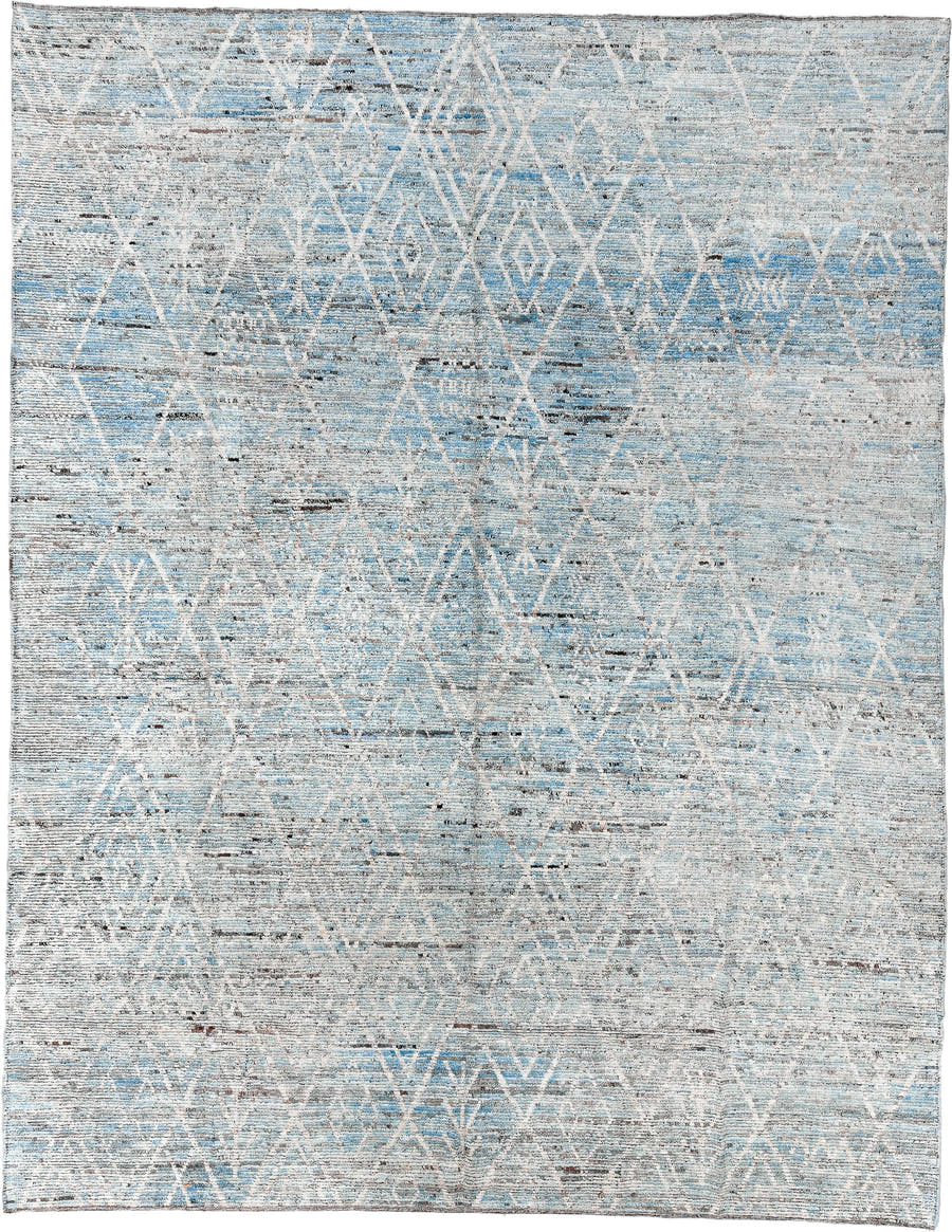 10' x 13' one-of-a-kind handmade vintage Tulu oversize rug. Color palette: ivory, pale blue, sky blue, gray, charcoal, taupe