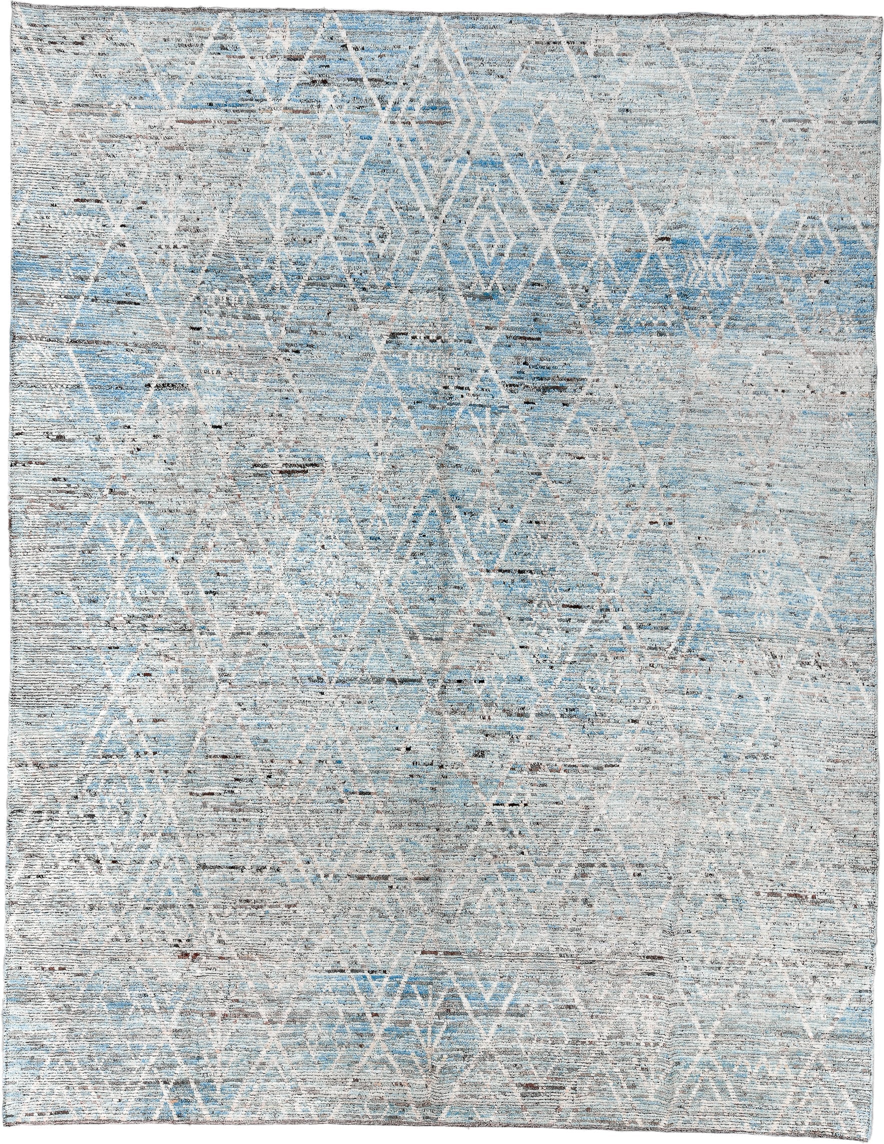10' x 13' one-of-a-kind handmade vintage Tulu oversize rug. Color palette: ivory, pale blue, sky blue, gray, charcoal, taupe