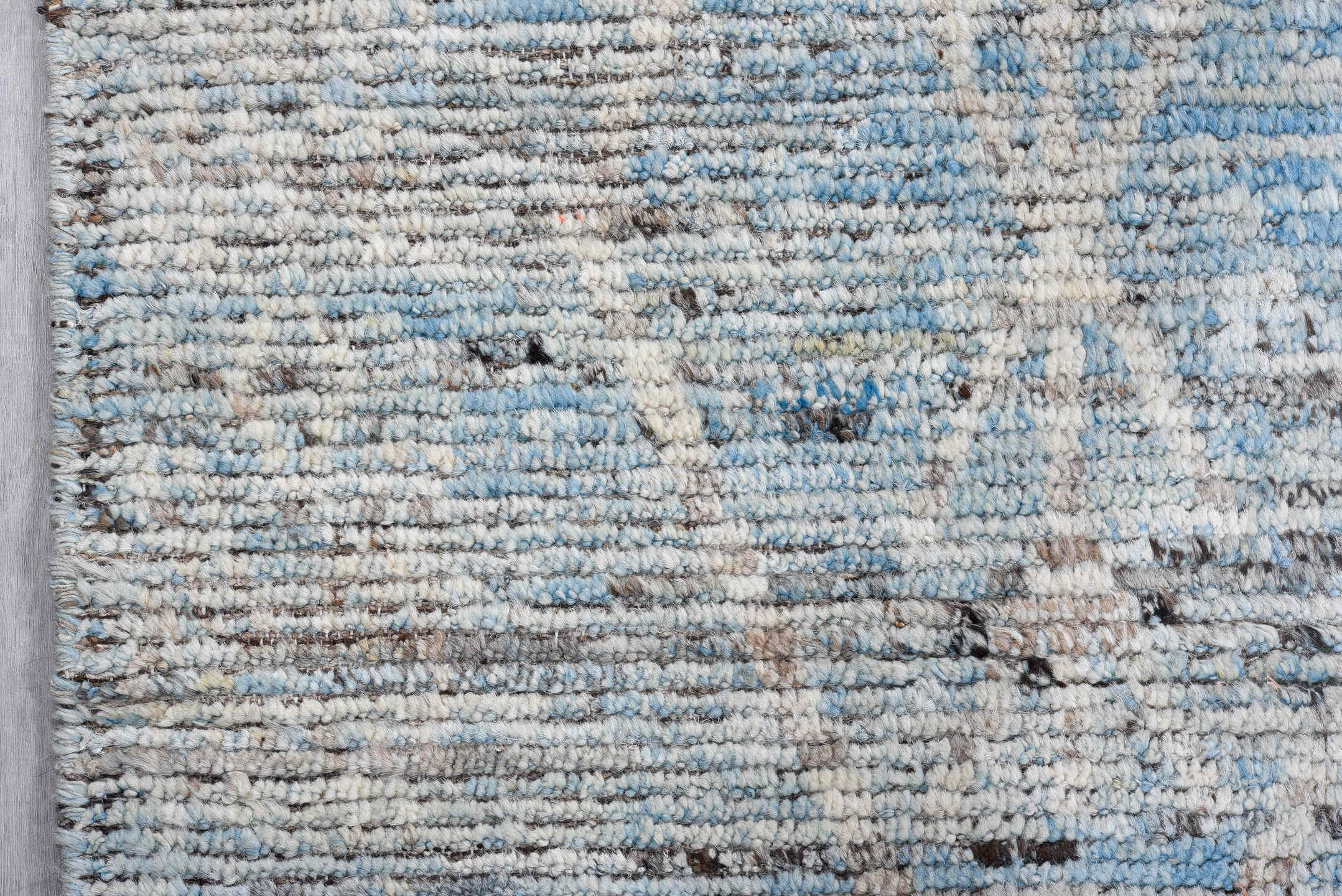 10' x 13' one-of-a-kind handmade vintage Tulu oversize rug. Color palette: ivory, pale blue, sky blue, gray, charcoal, taupe
