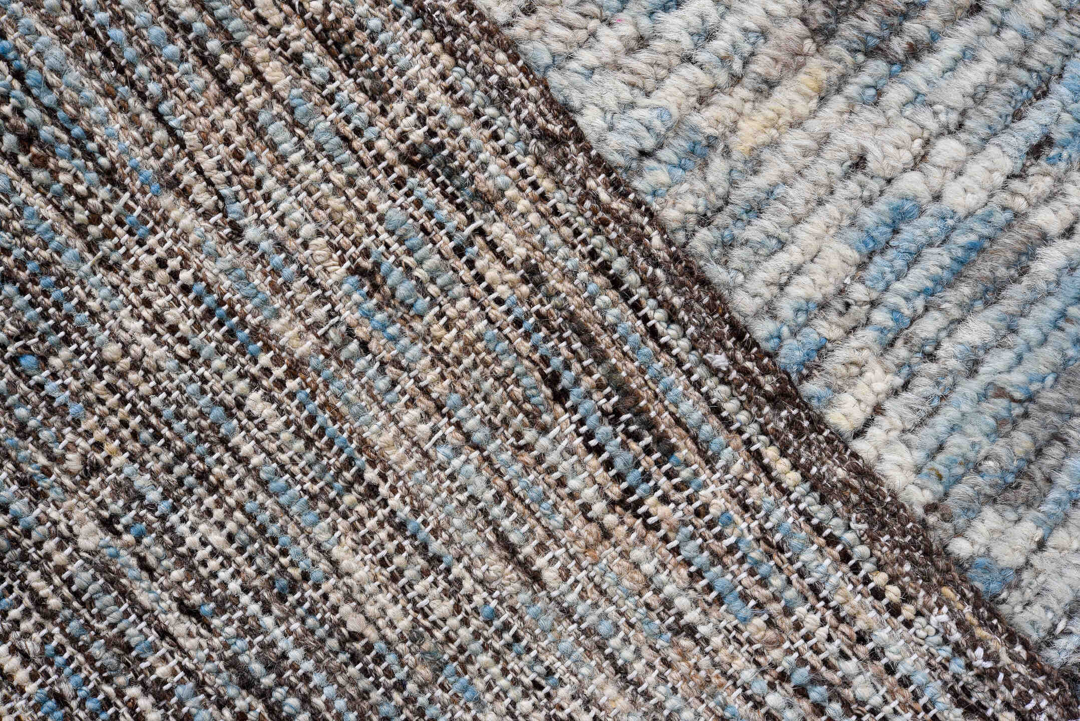10' x 13' one-of-a-kind handmade vintage Tulu oversize rug. Color palette: ivory, pale blue, sky blue, gray, charcoal, taupe