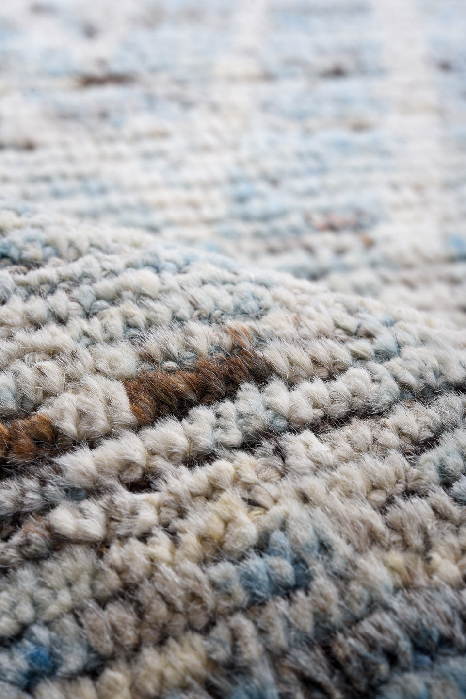 10' x 13' one-of-a-kind handmade vintage Tulu oversize rug. Color palette: ivory, pale blue, sky blue, gray, charcoal, taupe