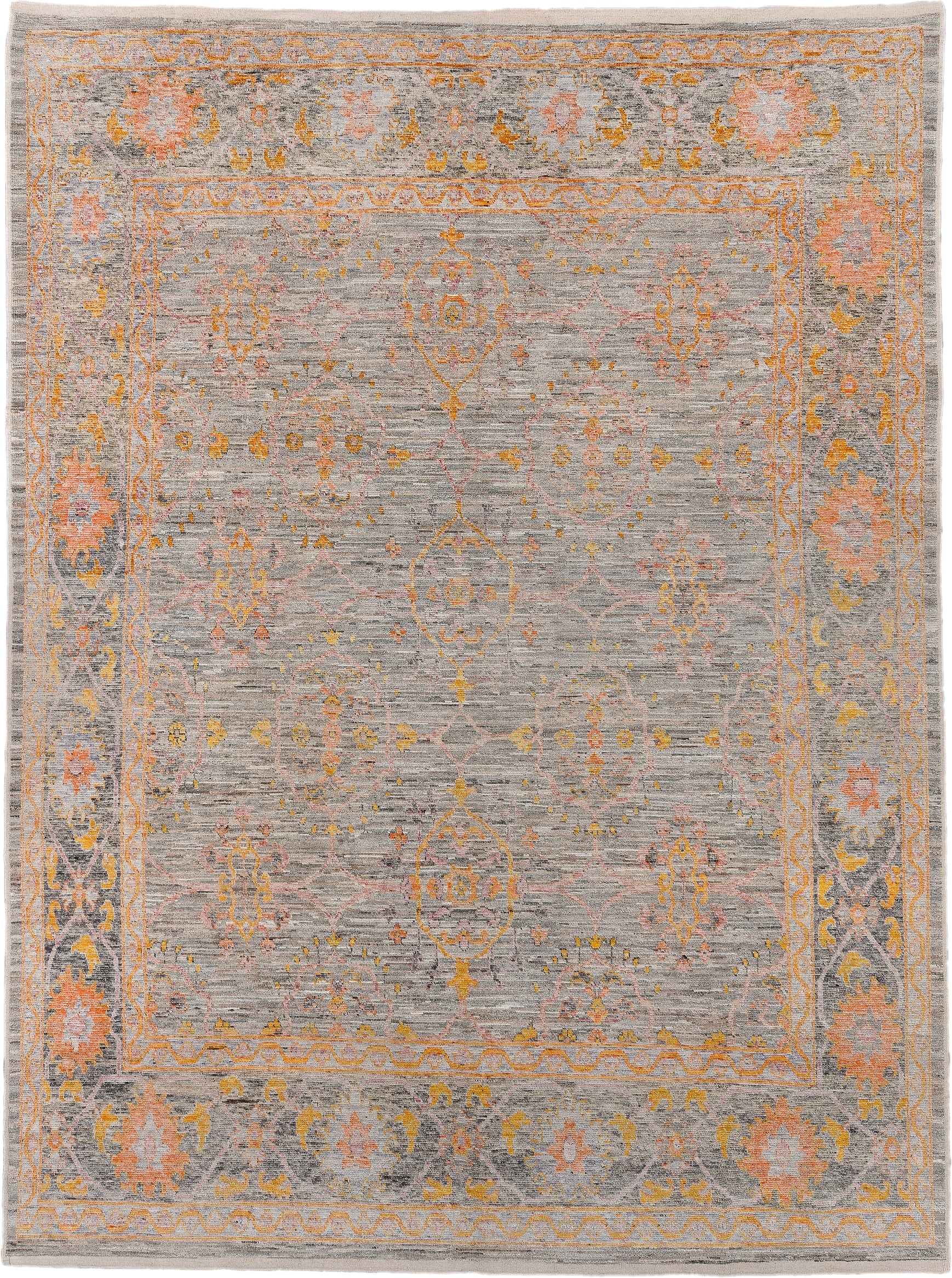 10' x 14' one-of-a-kind handmade vintage Oushak oversize rug. Color palette: gray, peach, gold, ivory, taupe, sage