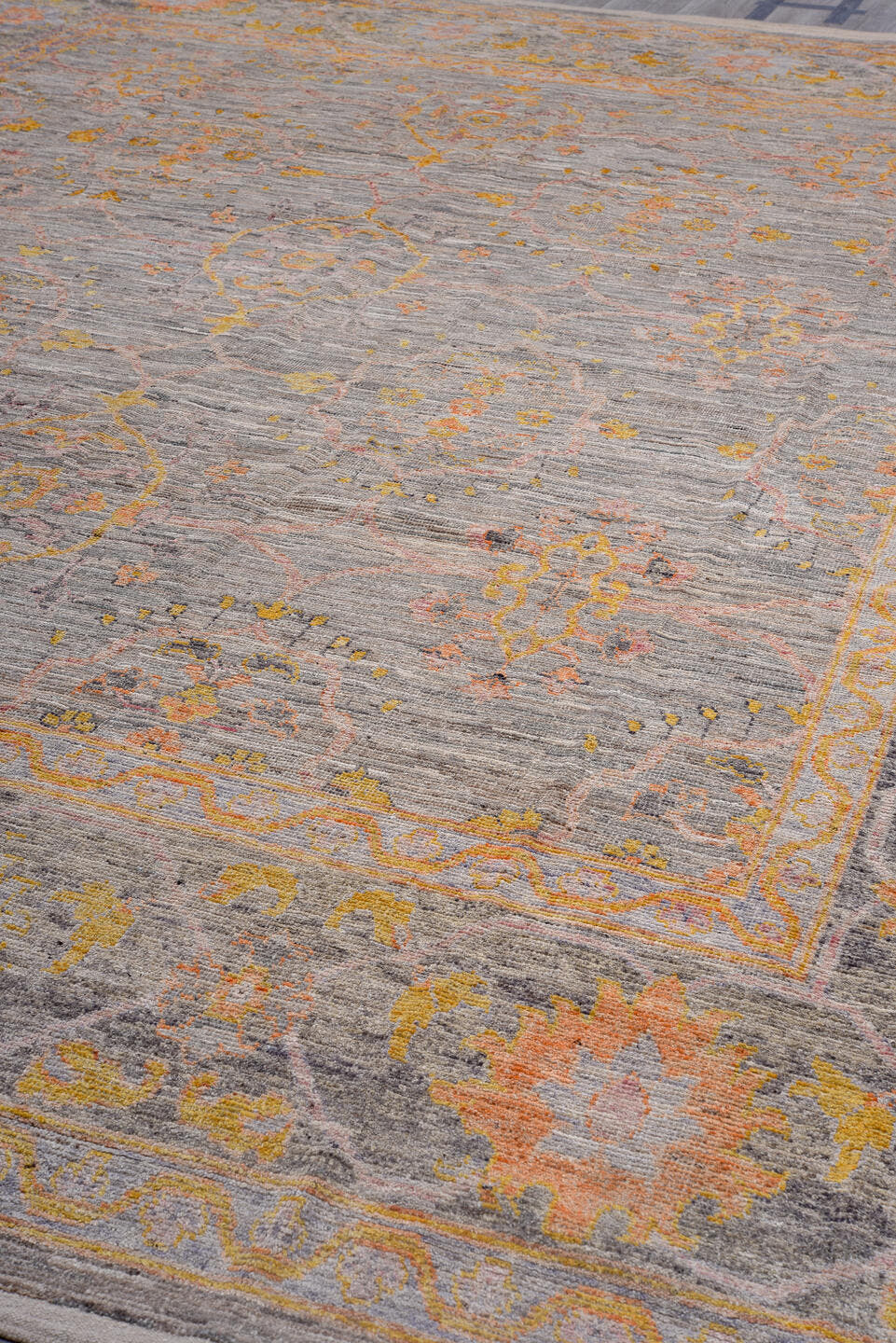 10' x 14' one-of-a-kind handmade vintage Oushak oversize rug. Color palette: gray, peach, gold, ivory, taupe, sage