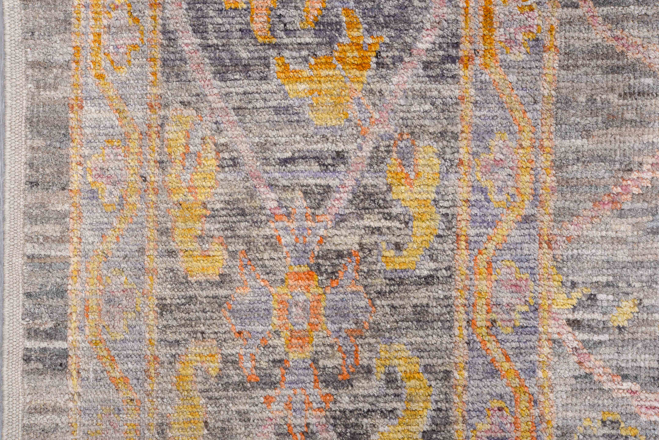 10' x 14' one-of-a-kind handmade vintage Oushak oversize rug. Color palette: gray, peach, gold, ivory, taupe, sage