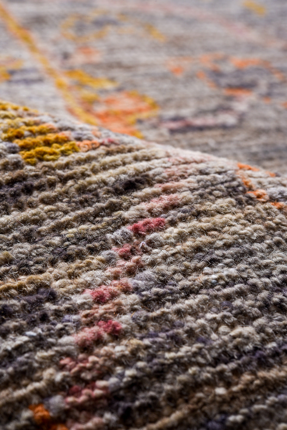 10' x 14' one-of-a-kind handmade vintage Oushak oversize rug. Color palette: gray, peach, gold, ivory, taupe, sage