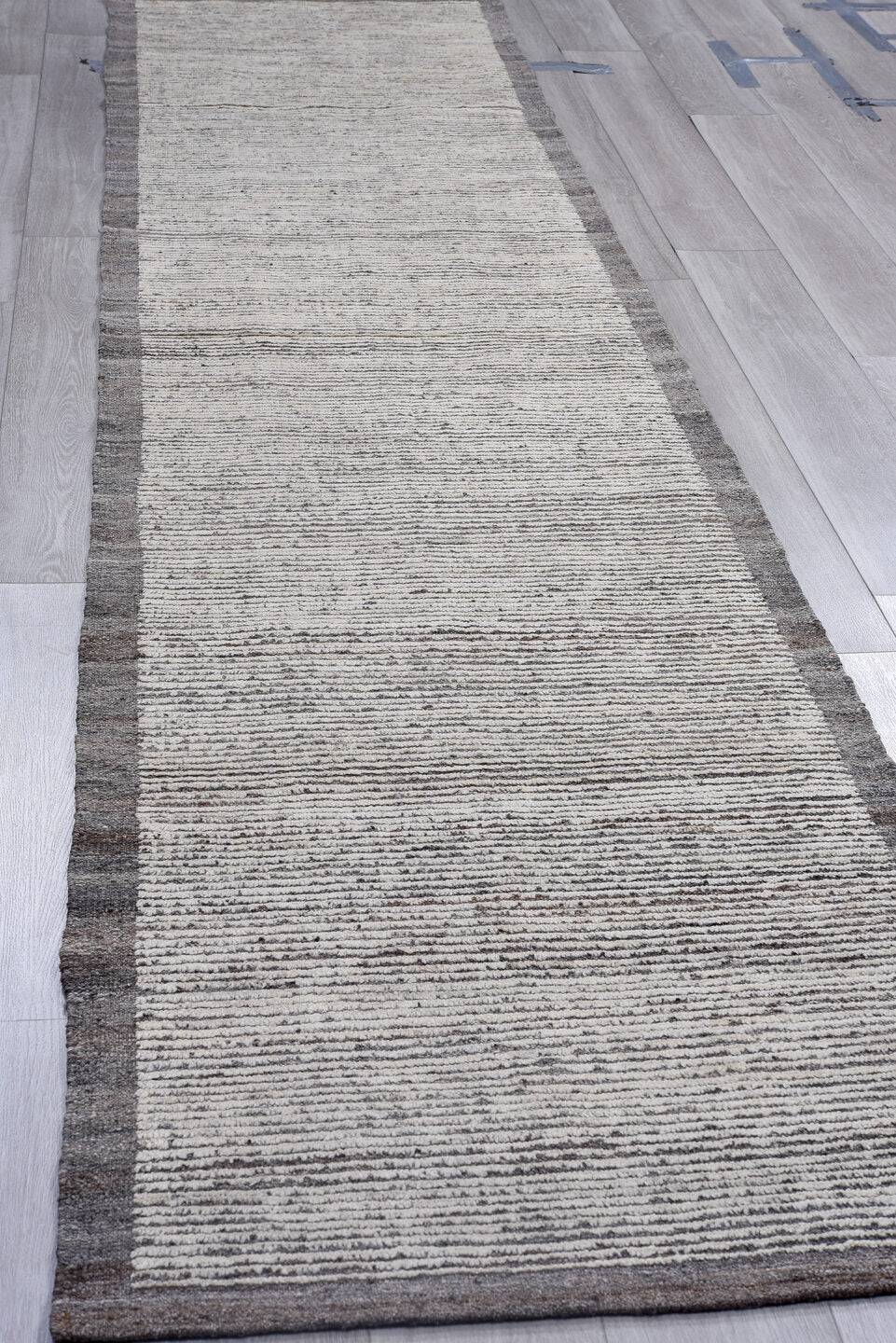 2' x 13' one-of-a-kind handmade vintage Tulu runner rug. Color palette: ivory, gray, charcoal, black