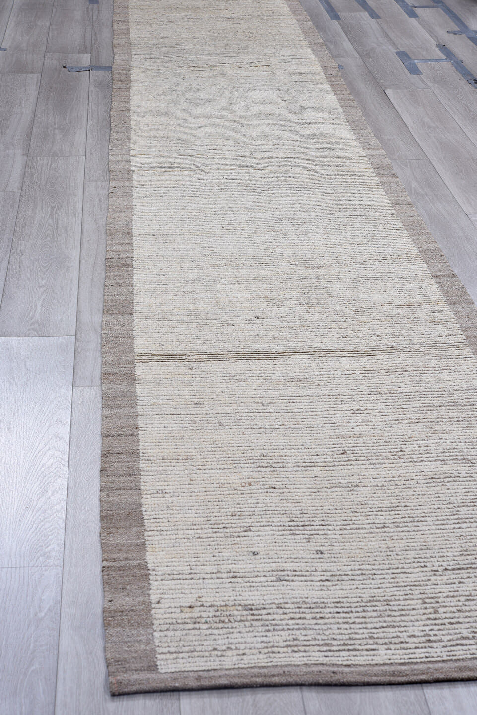 2' x 15' one-of-a-kind handmade vintage Tulu runner rug. Color palette: ivory, taupe, gray, cream, beige