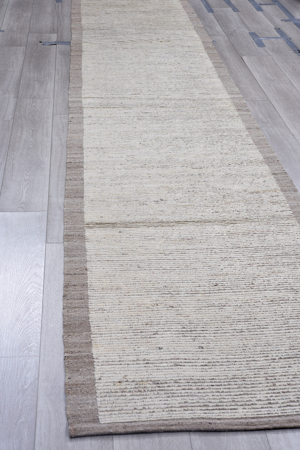 2' x 15' one-of-a-kind handmade vintage Tulu runner rug. Color palette: ivory, taupe, gray, cream, beige