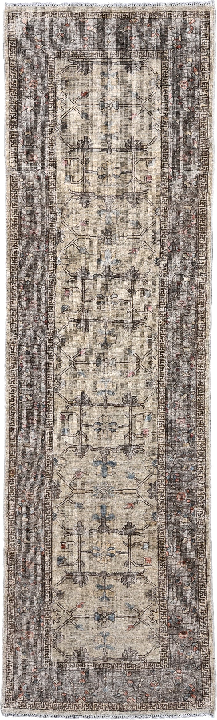 3' x 10' one-of-a-kind handmade vintage Oushak runner rug. Color palette: ivory, gray, taupe, slate, dusty blue, blush