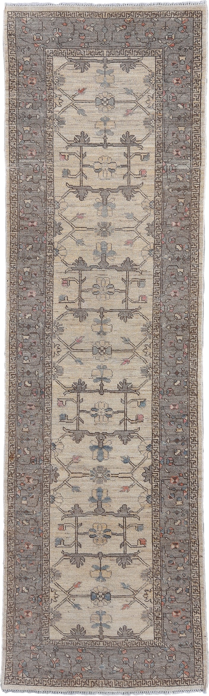 3' x 10' one-of-a-kind handmade vintage Oushak runner rug. Color palette: ivory, gray, taupe, slate, dusty blue, blush
