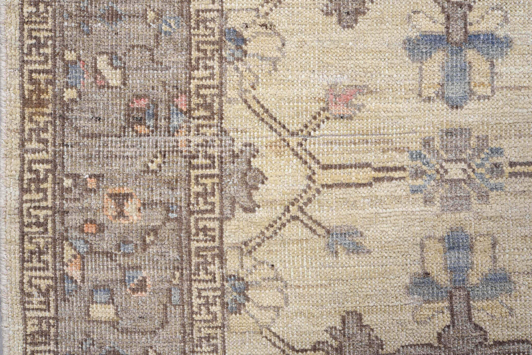 3' x 10' one-of-a-kind handmade vintage Oushak runner rug. Color palette: ivory, gray, taupe, slate, dusty blue, blush