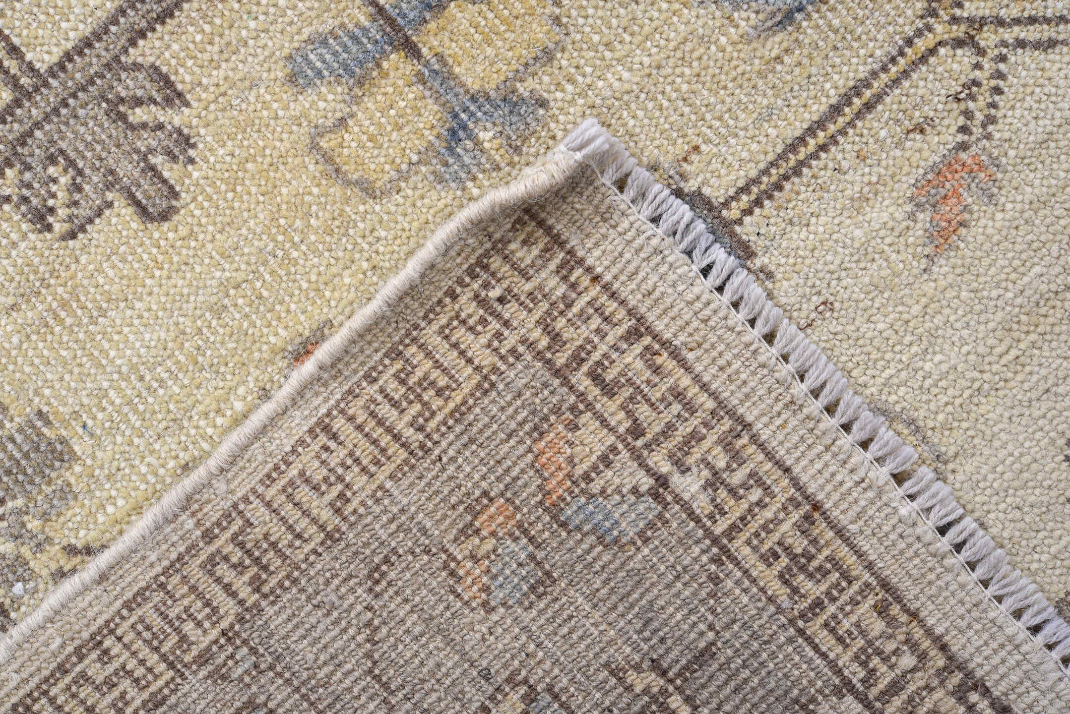 3' x 10' one-of-a-kind handmade vintage Oushak runner rug. Color palette: ivory, gray, taupe, slate, dusty blue, blush