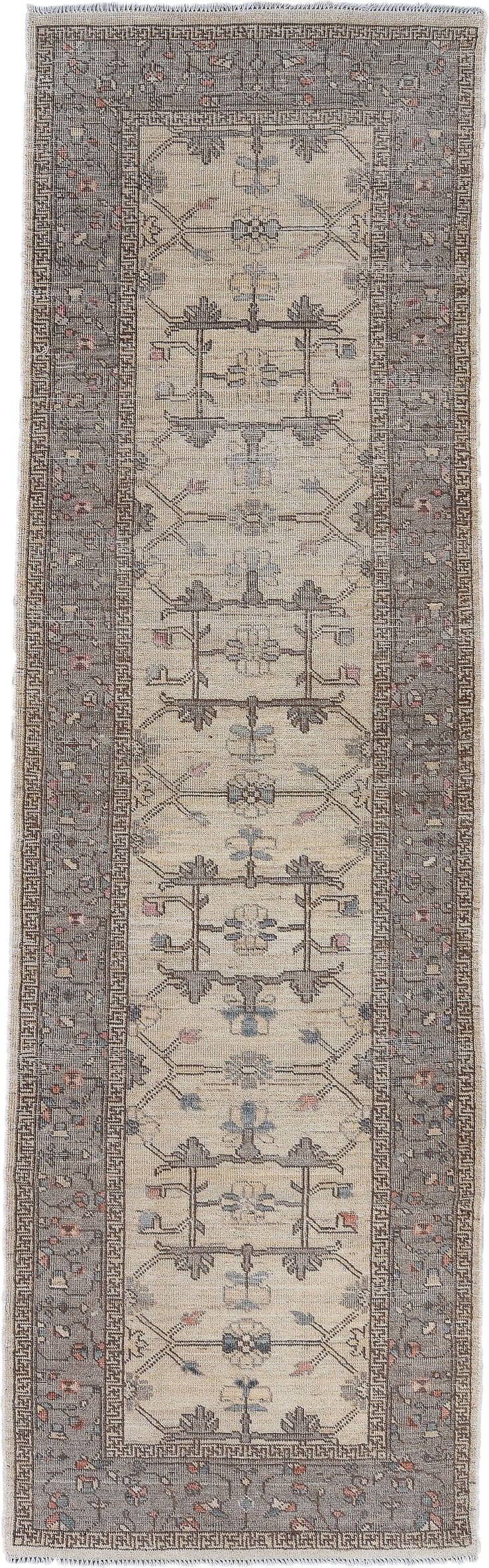 3' x 10' one-of-a-kind handmade vintage Oushak runner rug. Color palette: ivory, gray, taupe, slate, dusty blue, blush