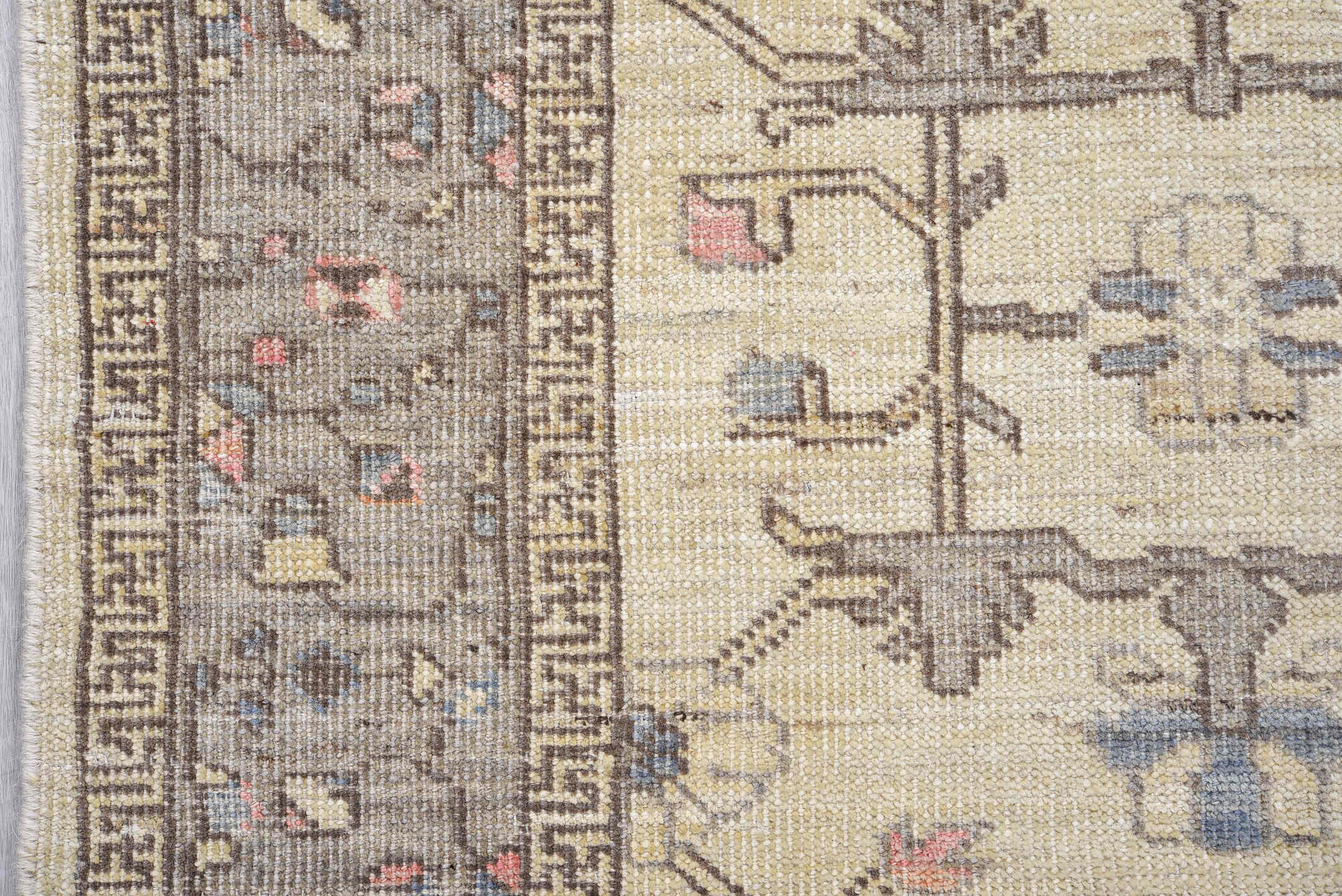 3' x 10' one-of-a-kind handmade vintage Oushak runner rug. Color palette: ivory, gray, taupe, slate, dusty blue, blush
