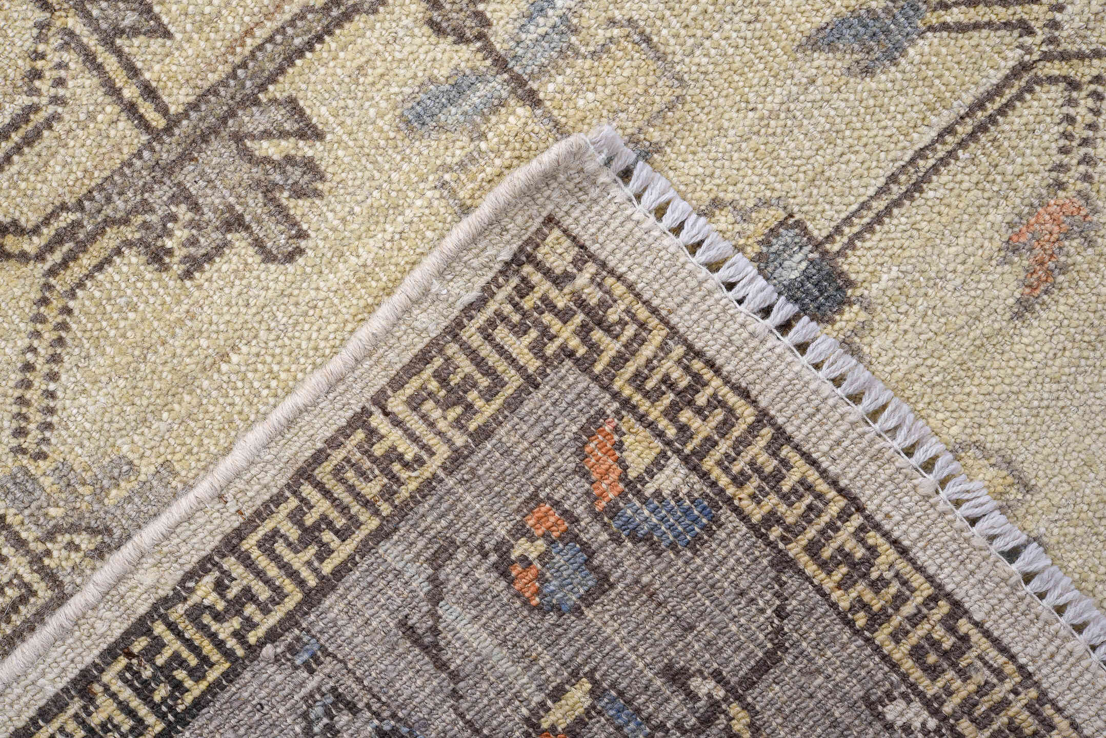 3' x 10' one-of-a-kind handmade vintage Oushak runner rug. Color palette: ivory, gray, taupe, slate, dusty blue, blush