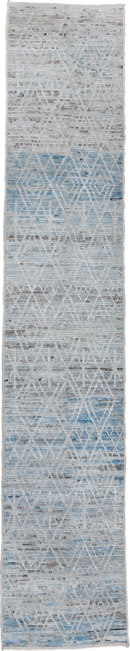 3' x 15' one-of-a-kind handmade vintage Tulu runner rug. Color palette: ivory, sky blue, slate, light gray, taupe