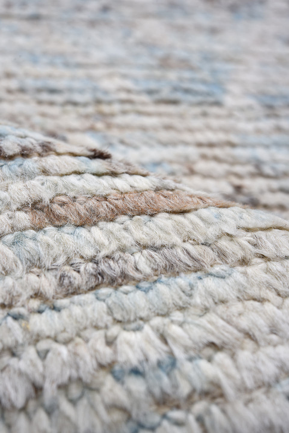 3' x 15' one-of-a-kind handmade vintage Tulu runner rug. Color palette: ivory, sky blue, slate, light gray, taupe