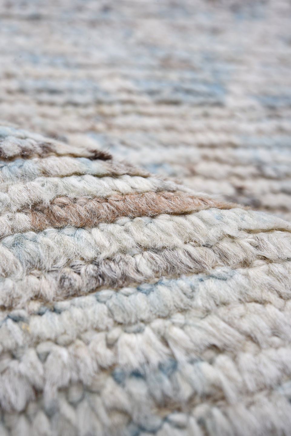 3' x 15' one-of-a-kind handmade vintage Tulu runner rug. Color palette: ivory, sky blue, slate, light gray, taupe