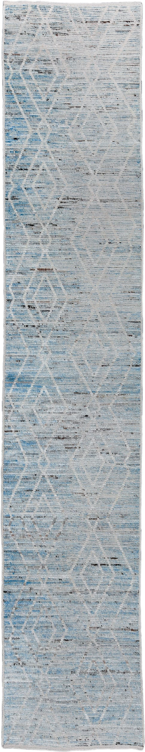 3' x 16' one-of-a-kind handmade vintage Tulu runner rug. Color palette: sky blue, ivory, slate, charcoal, light blue, gray