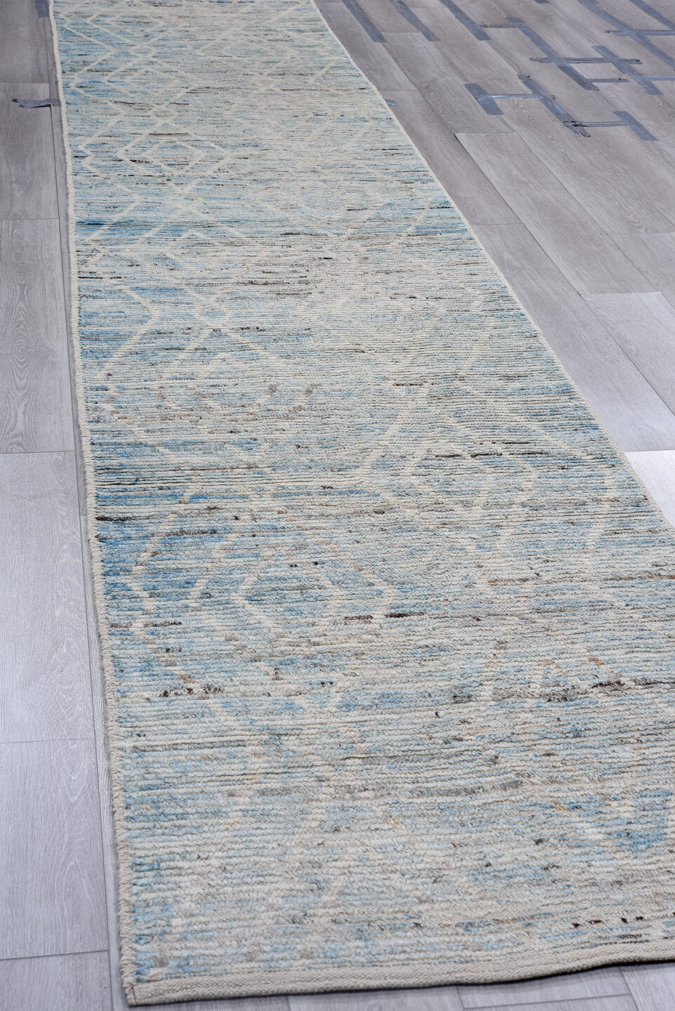 3' x 16' one-of-a-kind handmade vintage Tulu runner rug. Color palette: sky blue, ivory, slate, charcoal, light blue, gray