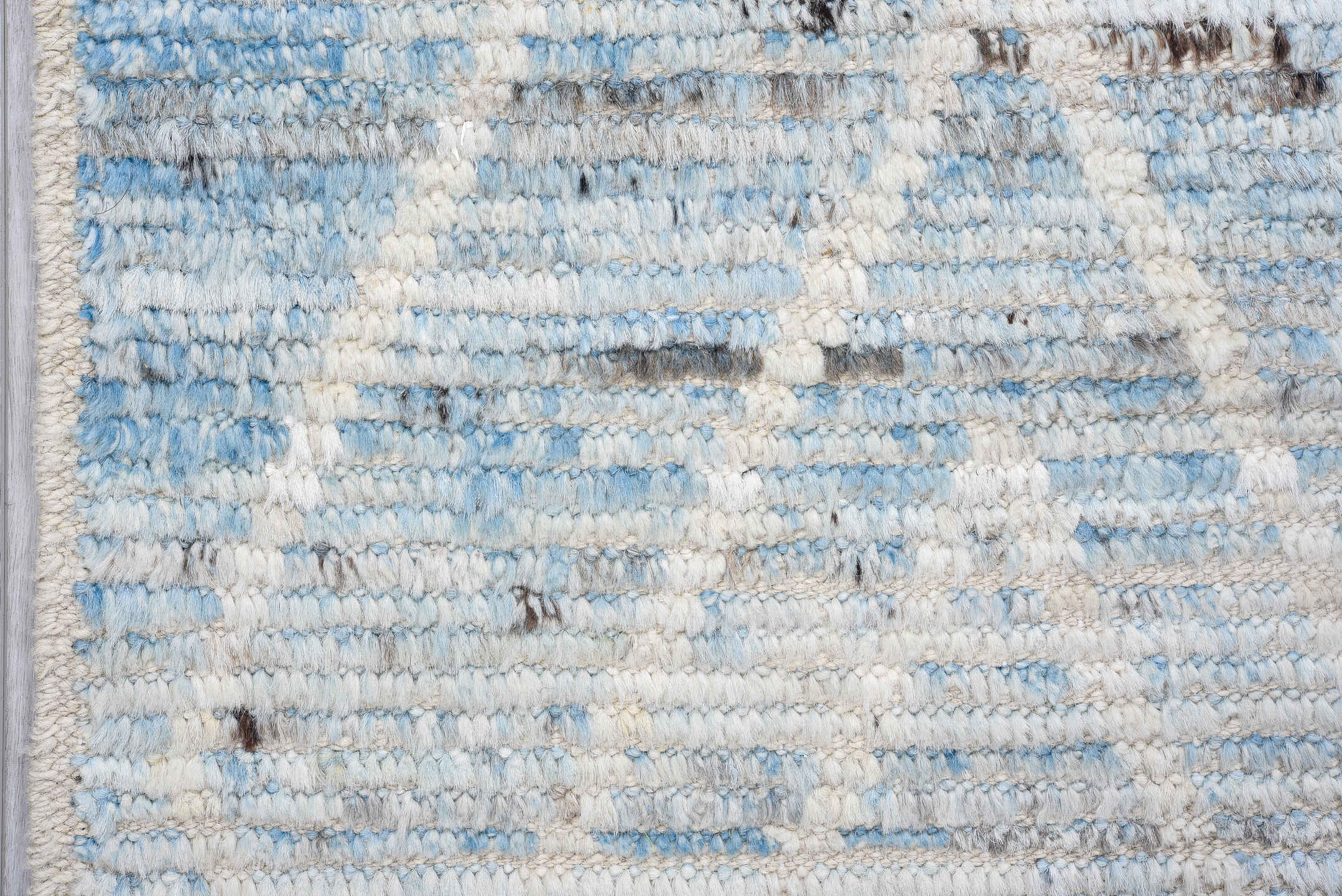 3' x 16' one-of-a-kind handmade vintage Tulu runner rug. Color palette: sky blue, ivory, slate, charcoal, light blue, gray