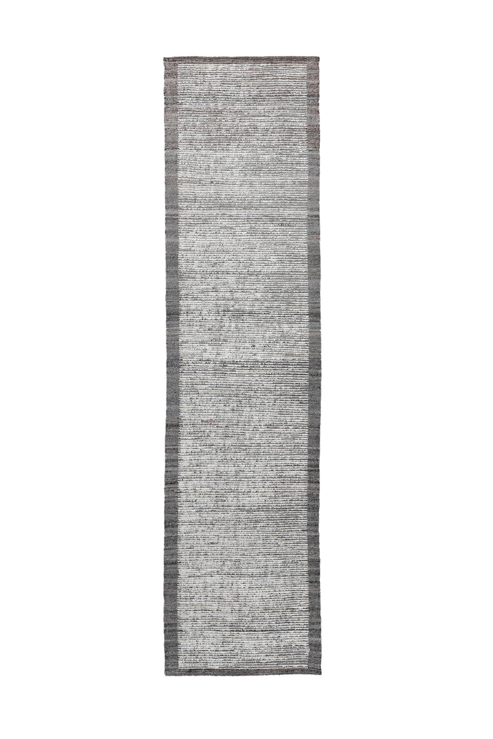 3' x 11' one-of-a-kind handmade vintage Tulu runner rug. Color palette: light gray, gray, off-white, blue, black, silver