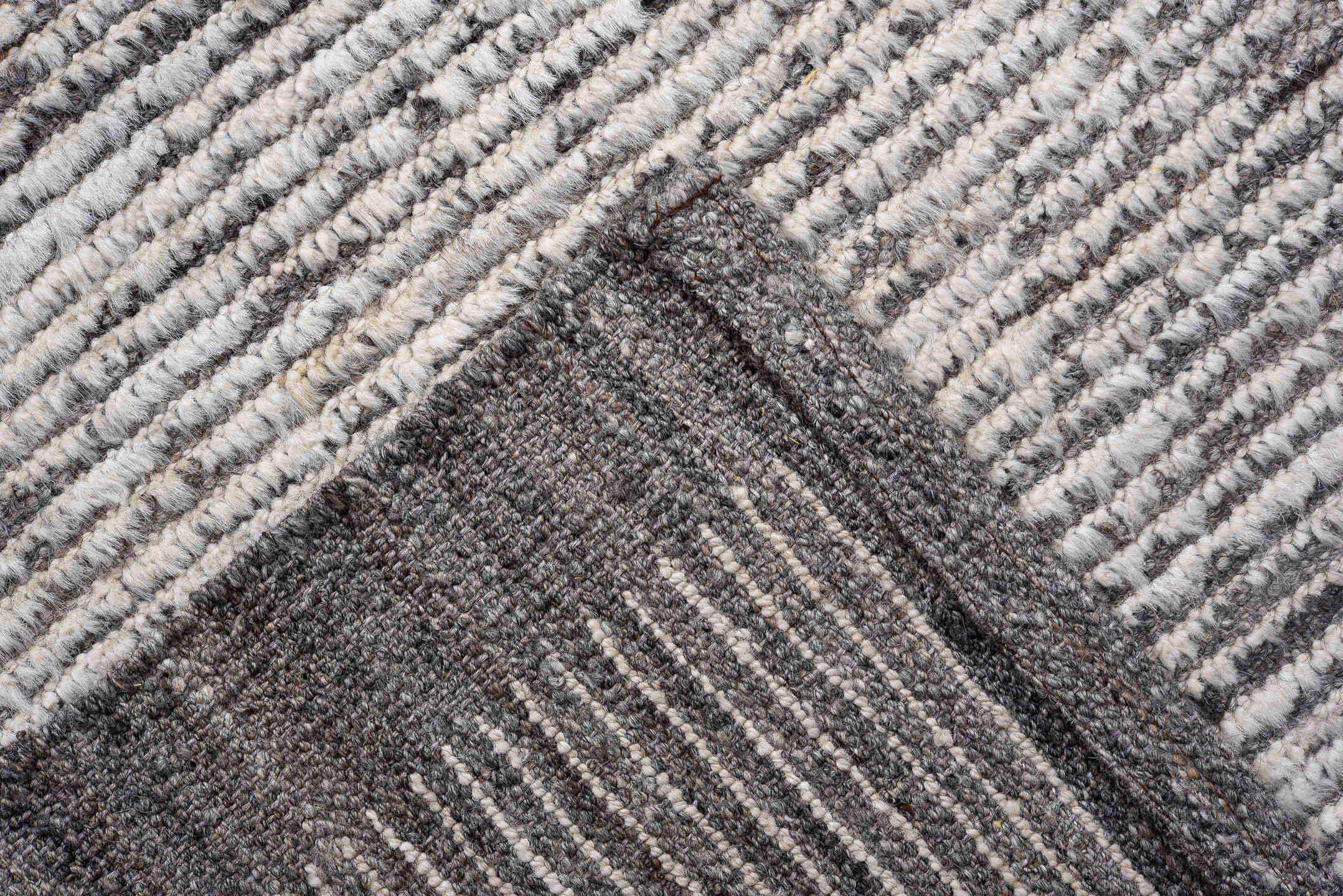 3' x 11' one-of-a-kind handmade vintage Tulu runner rug. Color palette: light gray, gray, off-white, blue, black, silver