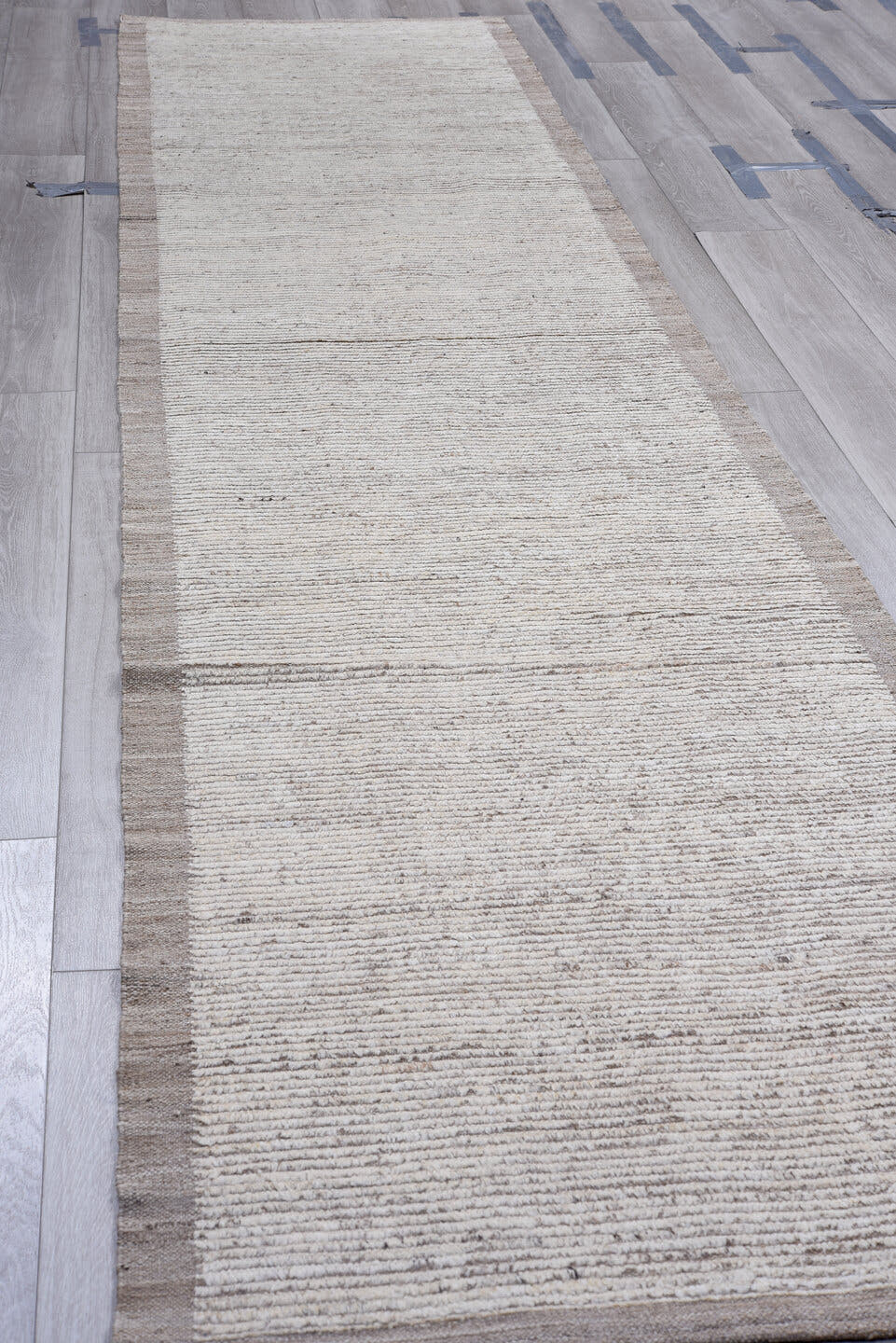 3' x 14' one-of-a-kind handmade vintage Tulu runner rug. Color palette: ivory, taupe, gray, cream, beige