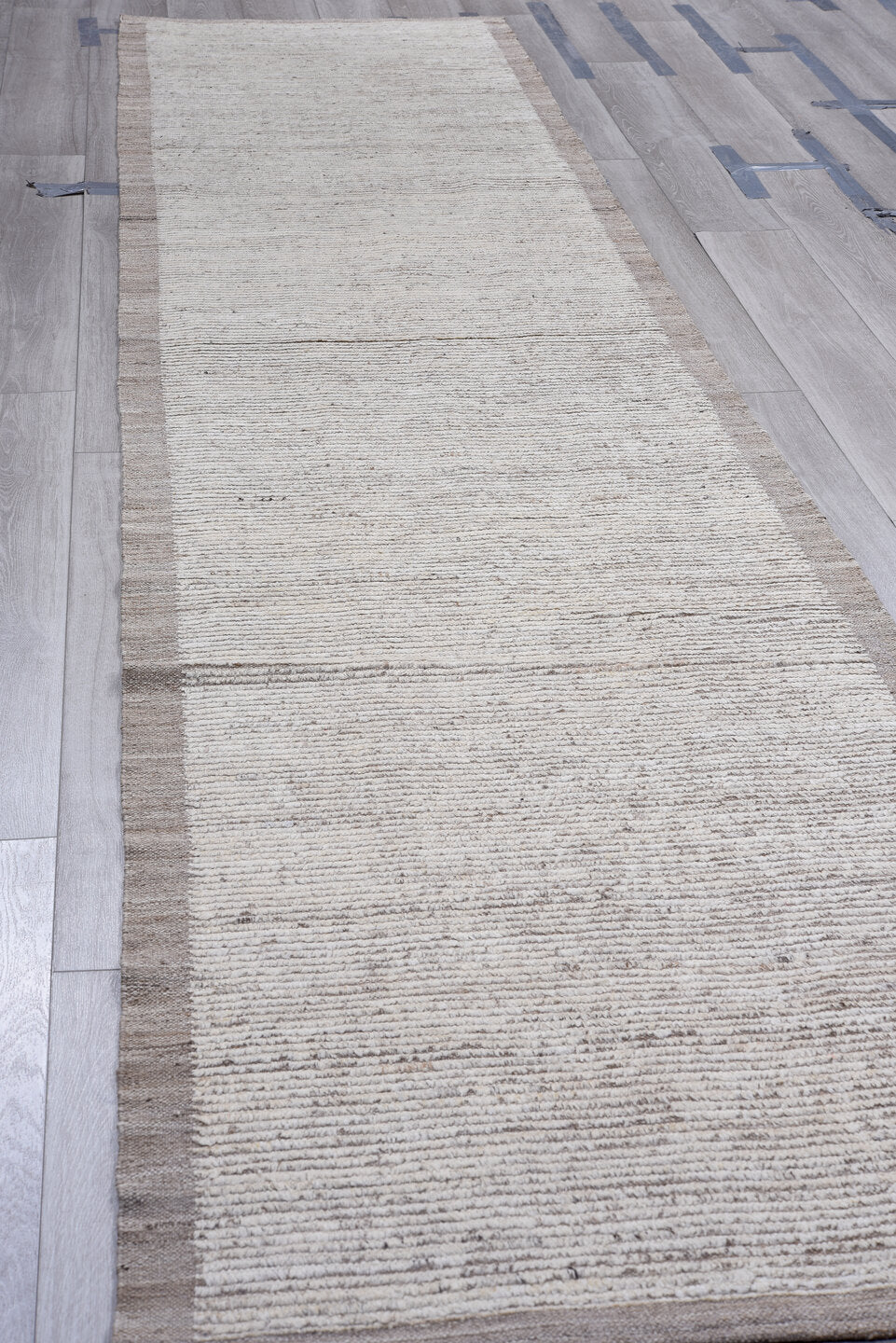3' x 14' one-of-a-kind handmade vintage Tulu runner rug. Color palette: ivory, taupe, gray, cream, beige