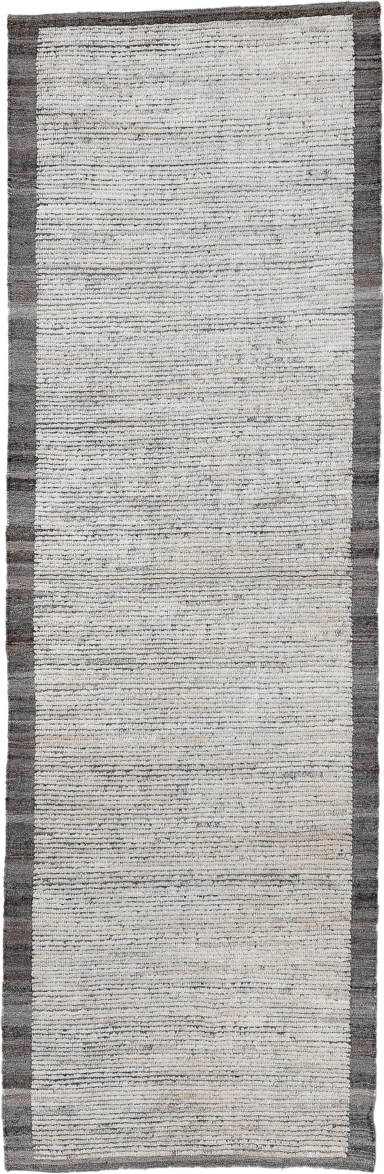 3' x 10' one-of-a-kind handmade vintage Tulu runner rug. Color palette: ivory, charcoal, gray, taupe, black, beige