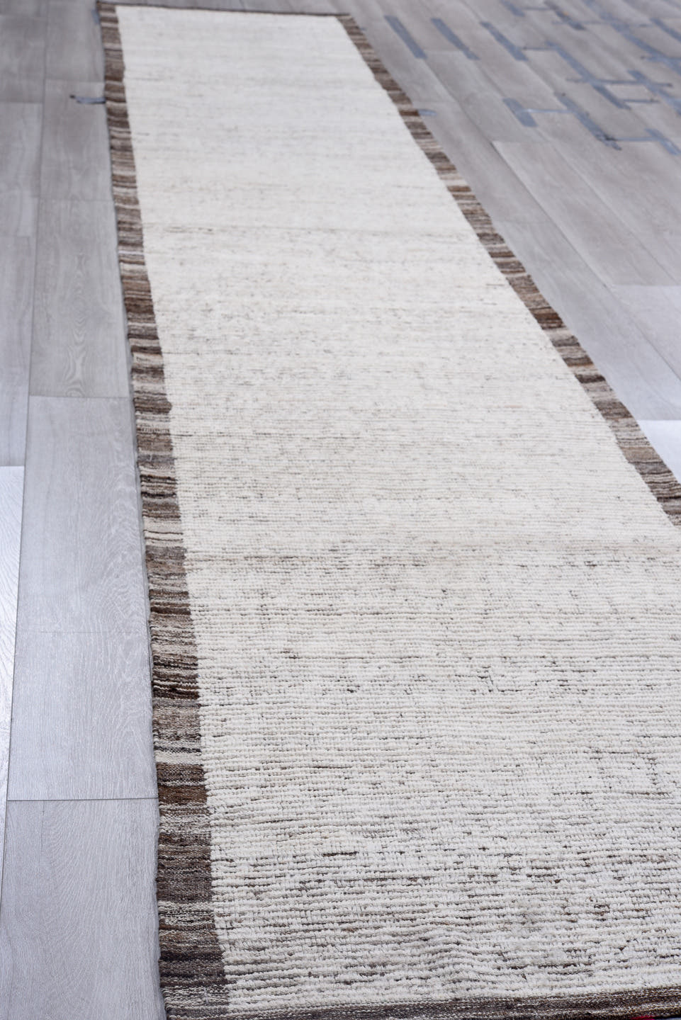 3' x 17' one-of-a-kind handmade vintage Tulu runner rug. Color palette: ivory, charcoal, taupe, brown, gray, black, beige